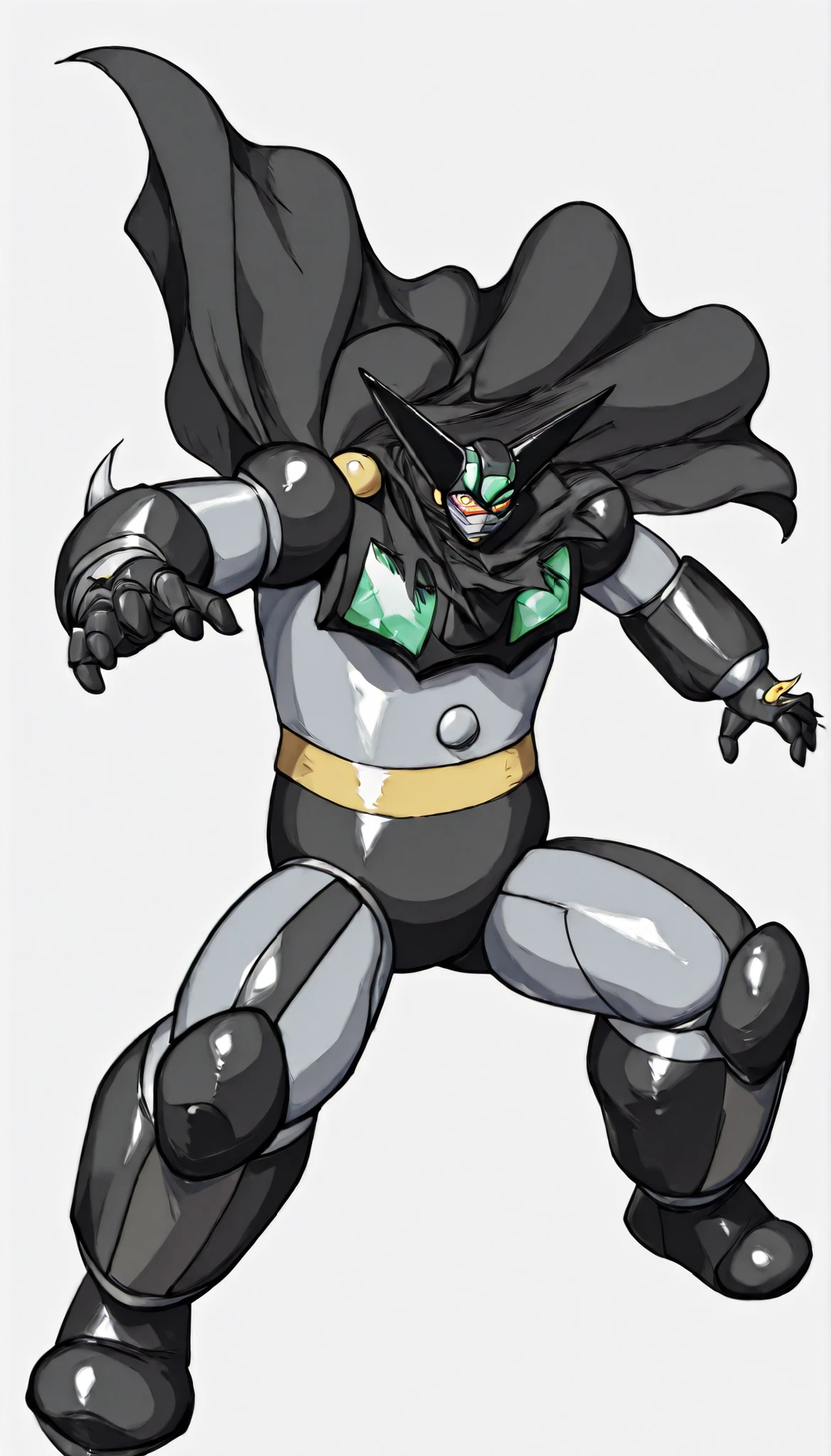 ブラックGetter Robo、Action Pose、white background、(Getter Robo, Super Robot, Mecha), Dynamic Pose、large black cloak to fasten on the shoulder、(black getter, Super Robot, Mecha)、Dynamic Poses、dynamic composition、solo、comics、comic、Efficacy Line、sense of speed、
