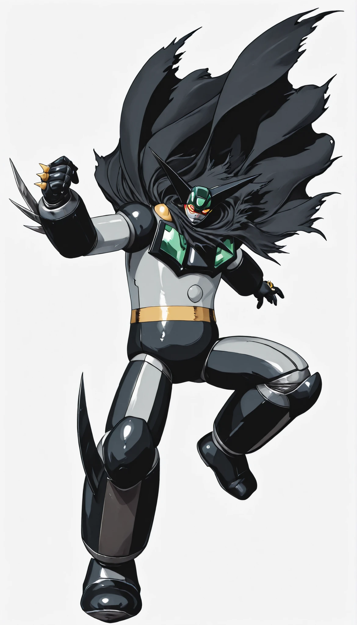 ブラックGetter Robo、Action Pose、white background、(Getter Robo, Super Robot, Mecha), Dynamic Pose、large black cloak to fasten on the shoulder、(black getter, Super Robot, Mecha)、Dynamic Poses、dynamic composition、solo、