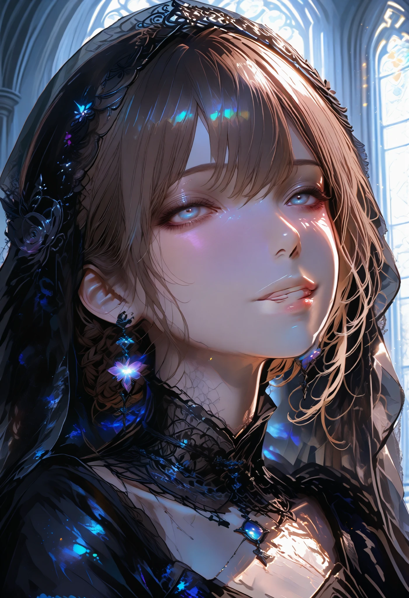 (((black veil👰)))，The delicate expression of a beautiful girl,Veiled Profile,((Her Enchanting Gray-Blue Eyes Are Shining Like Stars))，Inside a Destroyed Church,Lonely Single Bride,Quiet Eyes Shining in Backlight,((from above:1.2)),exquisite hair texture,Wrinkle Details on Her Dress,Soft Light and Shadow Contrast,fantastic and delicate atmosphere,Realistic and Vivid Visuals, 16k Ultra High Definition ,Realistic Texture and Luster,portrait,Cinematic Lighting,Soft Focus Effects,Professional Photography Studio Finish，brown hair，shortcuts，unkempt hair，Short braided hair，Neat，slender beauty，correct posture，small breasted，beautiful legs，Her Enchanting Gray-Blue Eyes Are Shining Like Stars，Saggy Eyes，Brilliant Colors,beautiful eyes,A delicate smile,Textured Skin,Highest Quality,gentle and beautiful woman,anime style､