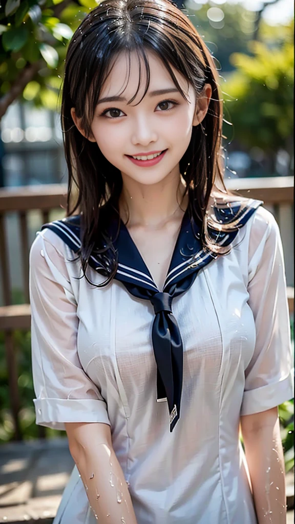 big and full breasts、(((A  white sailor suit that sticks to the chest,school uniform:1.7))),(((A woman wearing a  sailor suit:1.7 ))),(((A woman riding a colorful custom-painted motorcycle through the city:1.3))), Shiny light brown and orange striped short hair,cute smile,perfect round face,A cheerful smile that makes the viewer happy,proper body proportions,table top,Ultra high quality output image,High resolution,intricate details,very delicate and beautiful hair,realistic pictures,dream-like,professional lighting,realistic shadow,focus only,beautiful hands,beautiful fingers,Detailed functions of fingers,Detailed features of the garment,Detailed characteristics of hair,detailed  features,(((emphasize the chest:1.3))),(dynamic angle),(dynamic and sexy pose),laughter、cute round face,,(table top,highest quality,超High resolutionの出力画像,) ,(8K quality,),(sea art 2 mode.1),(Image mode Ultra HD,)