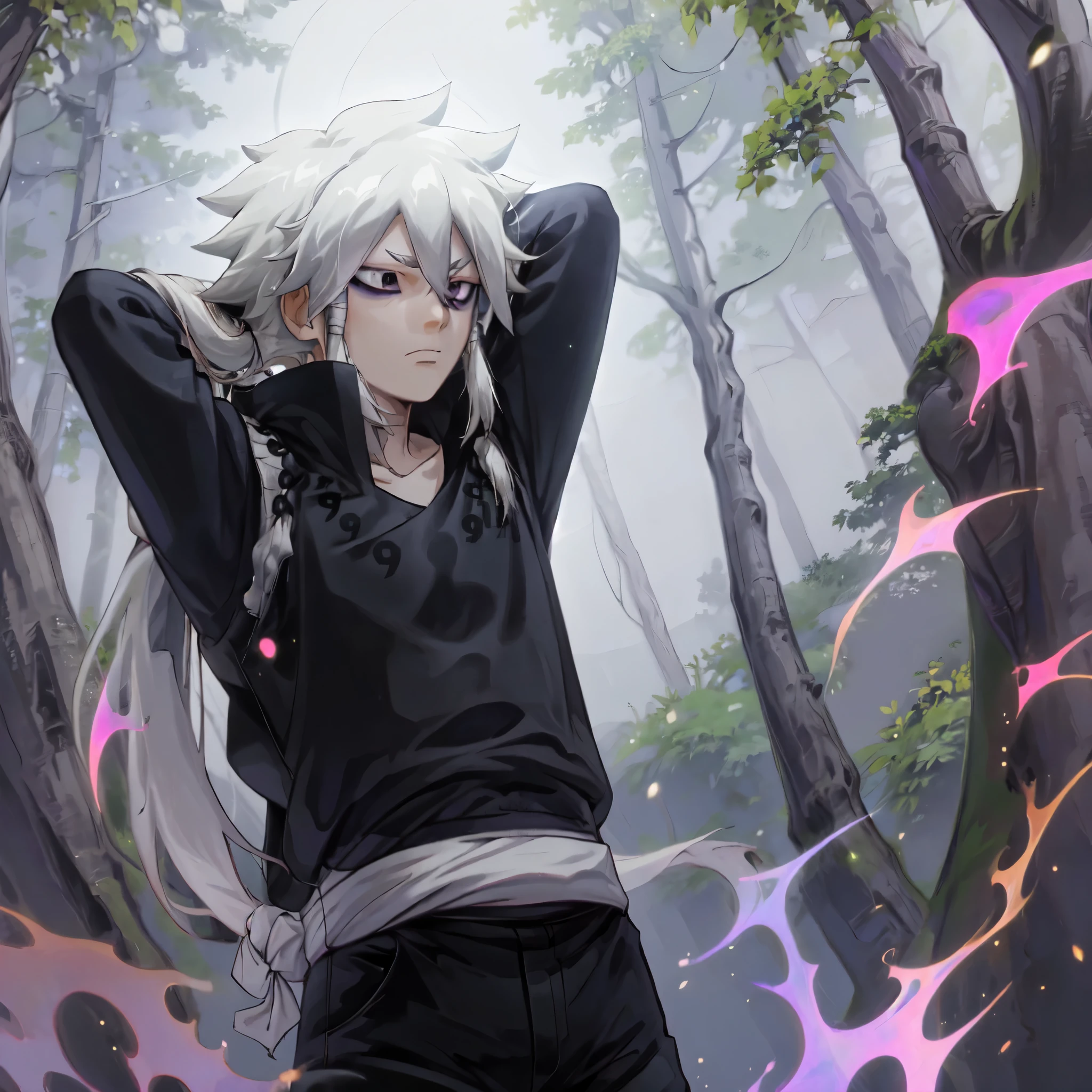 Indra, masterpiece, best quality, 1boy, white hair, black shirt, black shorts, long ponytail, blind eyes, short eyebrows, (purple aura:1.4, particles), forest, upper body, (night), fog, arms behind head, looking away