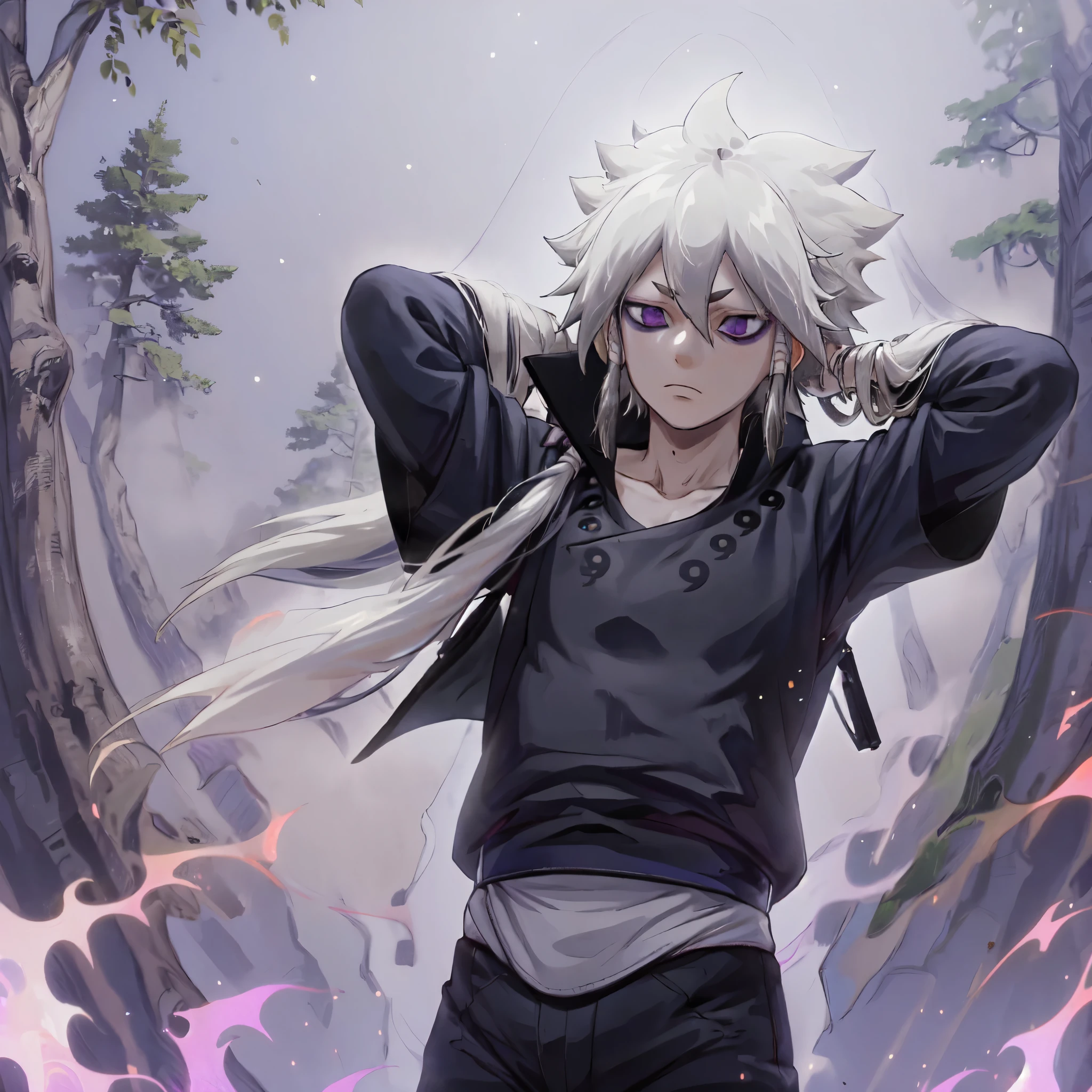 Indra, masterpiece, best quality, 1boy, white hair, black shirt, black shorts, long ponytail, blind eyes, short eyebrows, (purple aura:1.4, particles), forest, upper body, (night), fog, arms behind head, looking away