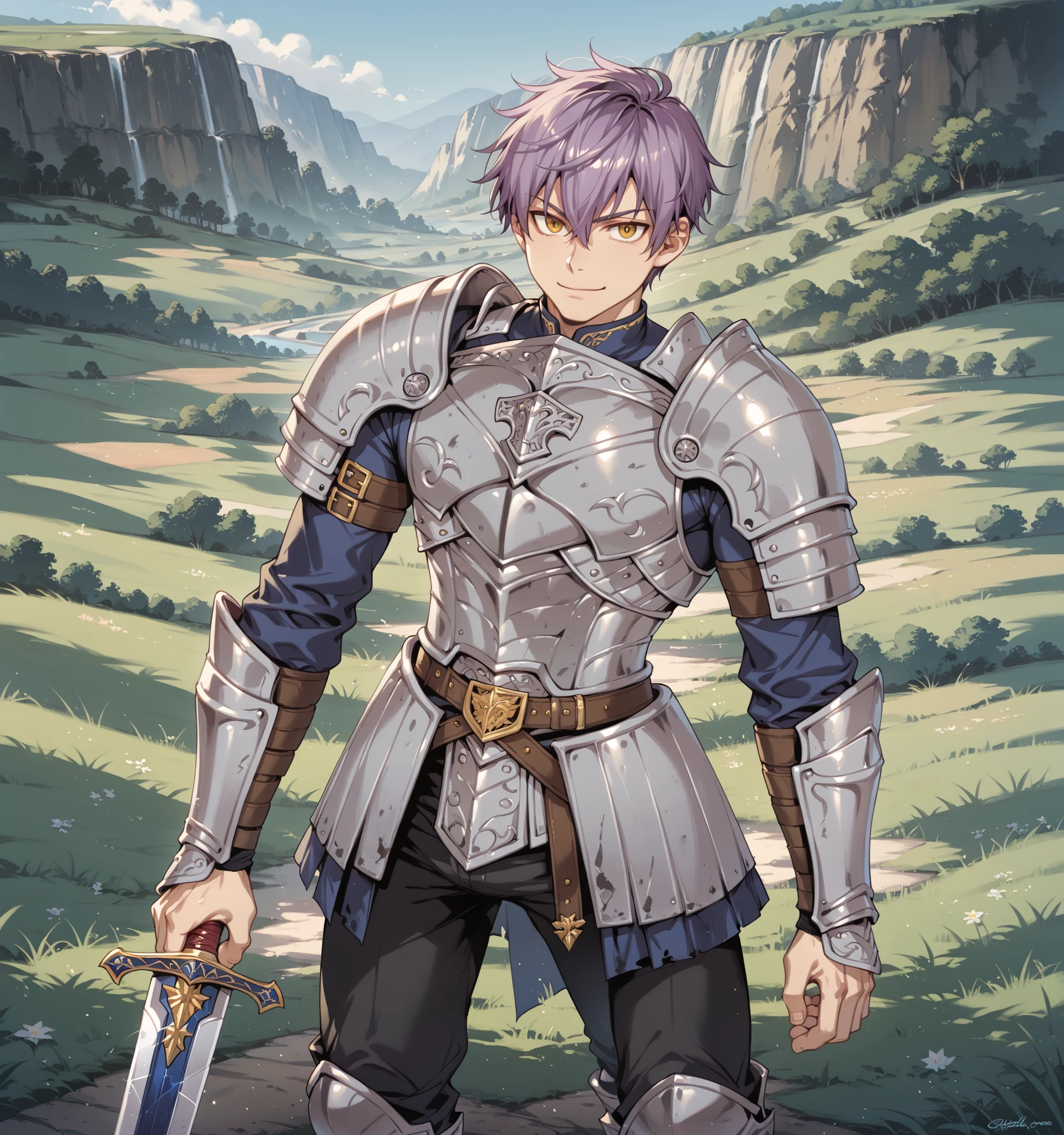 Source_anime, handsome male, fishine style, 1boy, solo, adult boy BREAK
Purple hair BREAK short hair, messy hair, wolf cut, hair between eyes, yellow eyes BREAK
Blue armor, knight armor, sapphire armor, black pants BREAK
Looking at viewer, dynamic pose, confident face, smile, closed mouth, holding sword
Nature island, outdoors, grass landscape