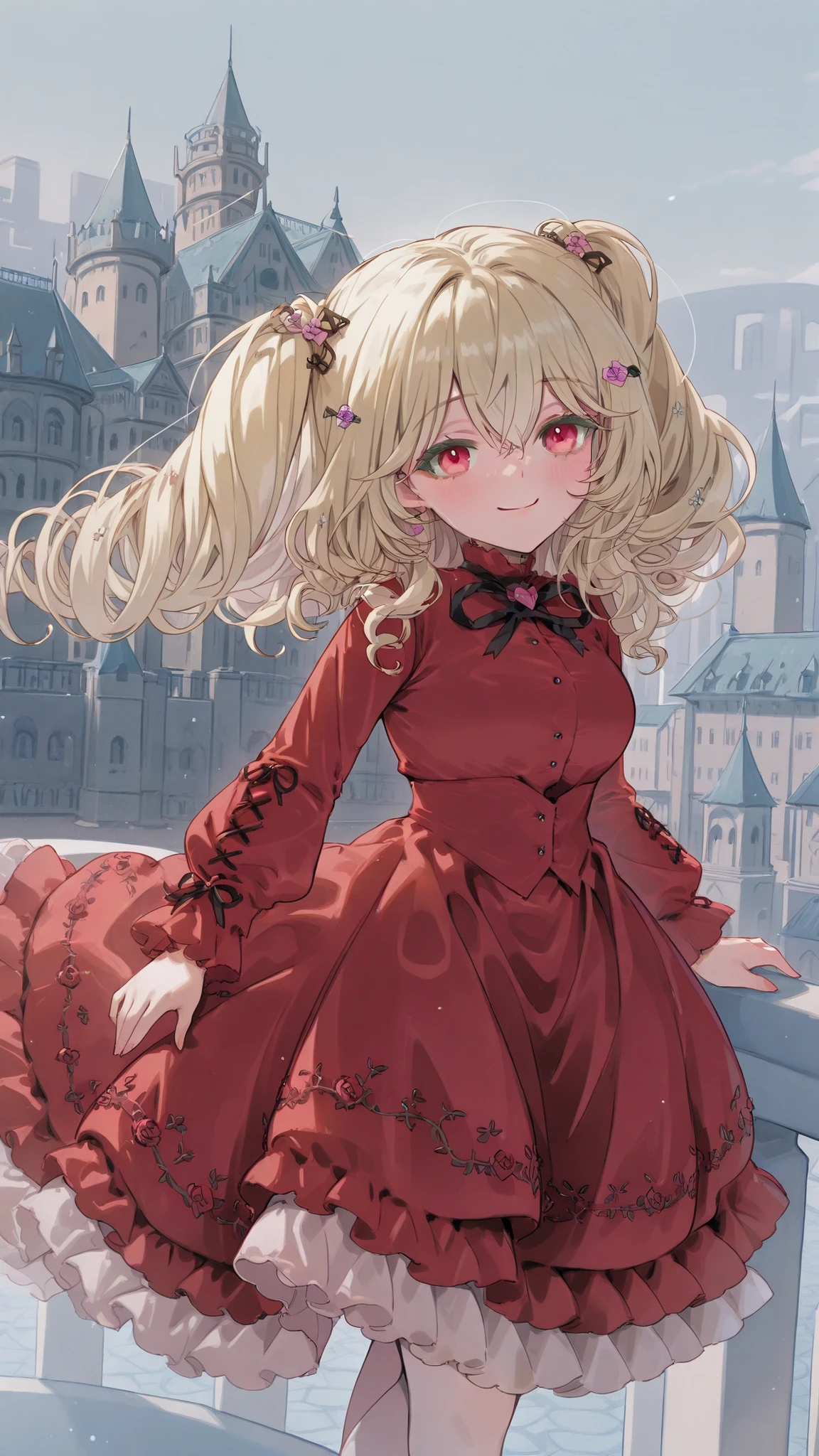 Ancient City,Big Castle,Red Lolita Dress,Rose embroidery,golden hair,long hair,twin tails,Vertical roll,Fluttering in the Wind,((viewers,Gentle smile)),(((Rozen Maiden)))