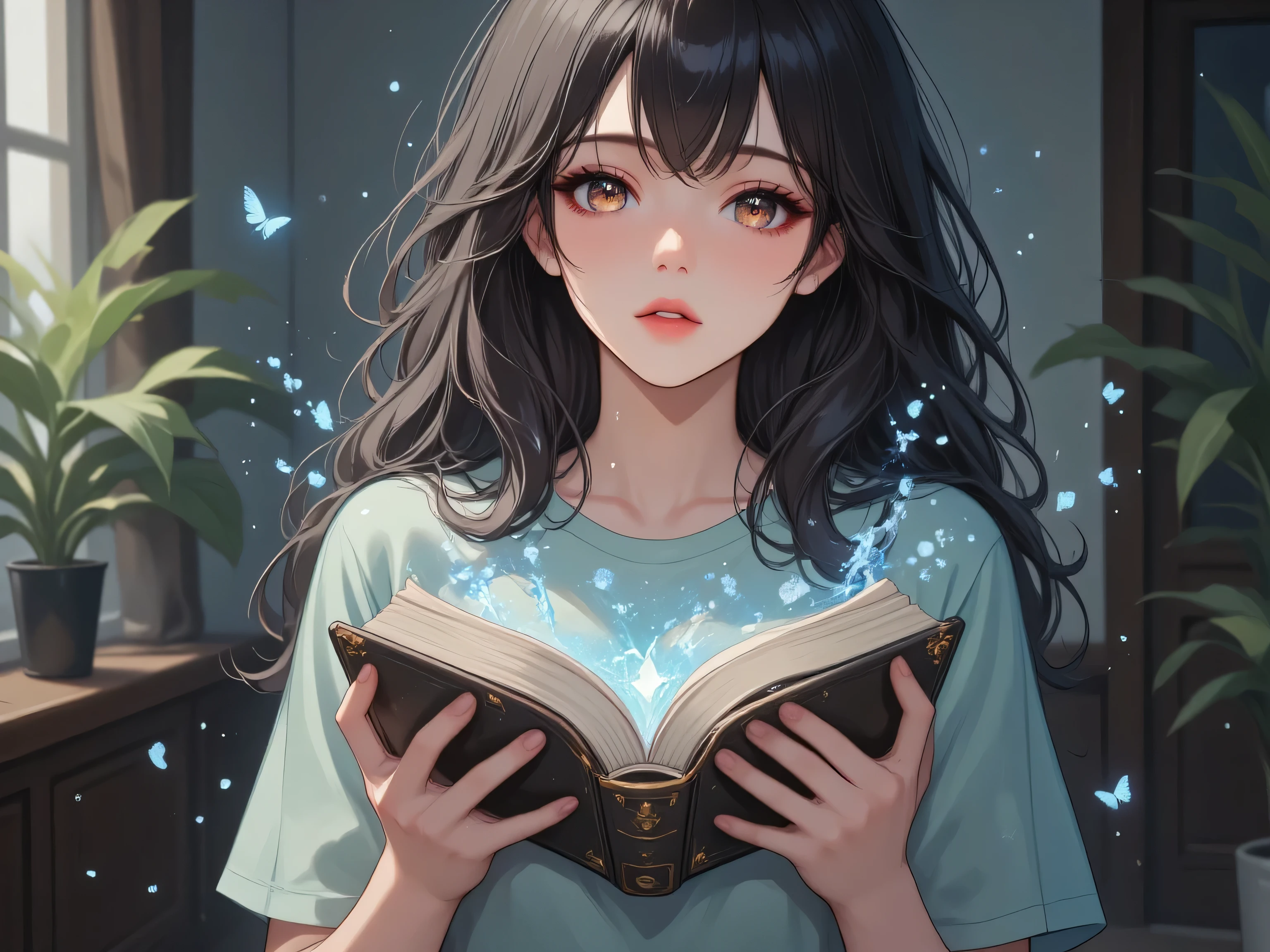 A beautiful girl with black curly hair, she has brown eyes, wearing light green short dress, she open magic book in her hands, the book start lighting blue light, there's random small English words flying out fromthe book , she is looking at the book with shock reaction, 8k, ultra details