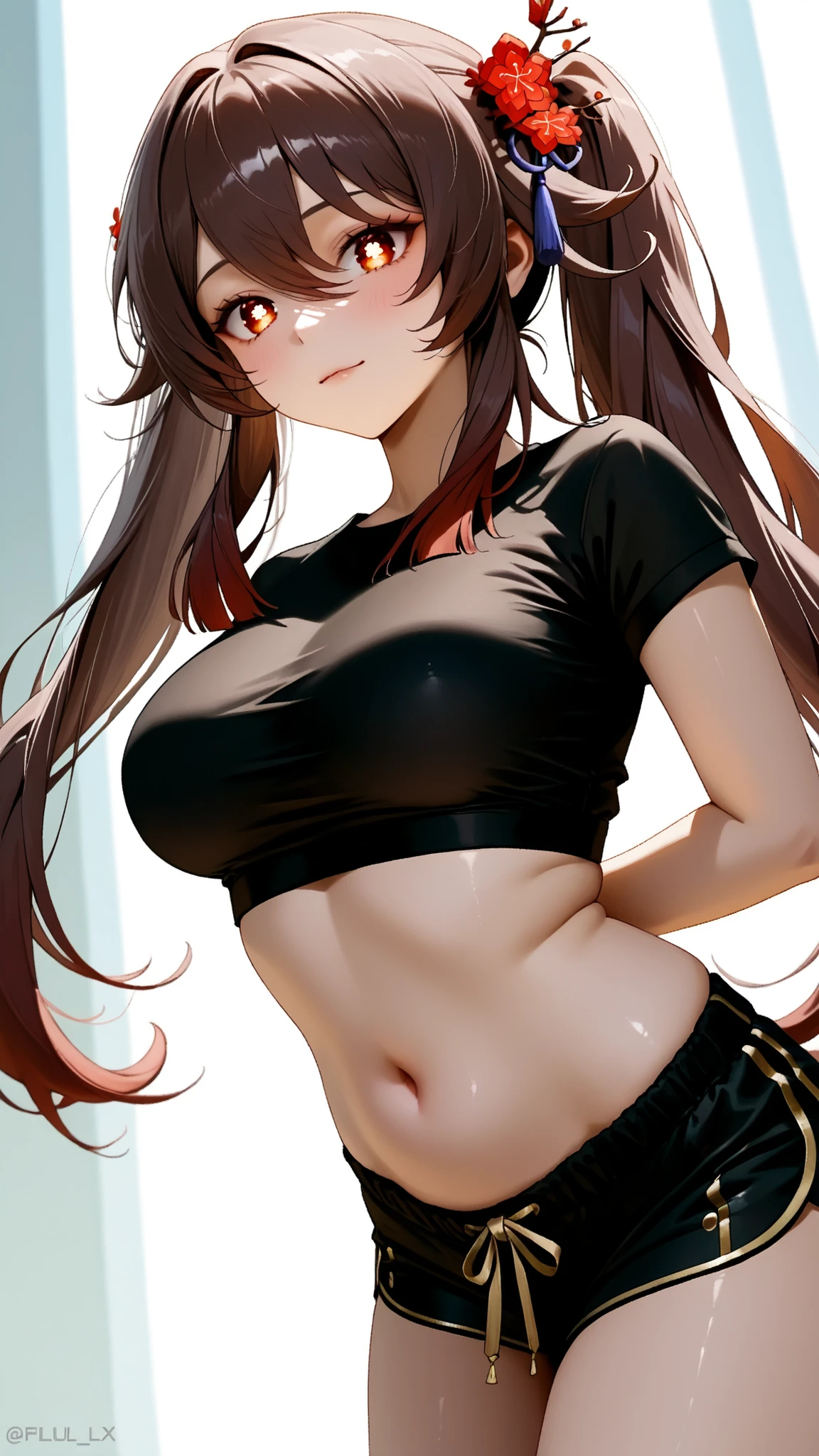 Hu_Tao_(Genshin_Impact), red_eyes, brown_hair, long_hair, twintails, symbol-shaped_pupils, Hu Tao, Genshin Impact, with a white background,intricate_details_xl, masterpiece, extremely detailed, 16k, solo, semi realistic, 1girl, adult ,((fullbody)), 1girl, legs, , arms behind back, housewife, black shorts, black tshirt, navel, soft light, high detailed, best quality, upper body, looking at viewers, front look, hot pose, photography, cowboy shot