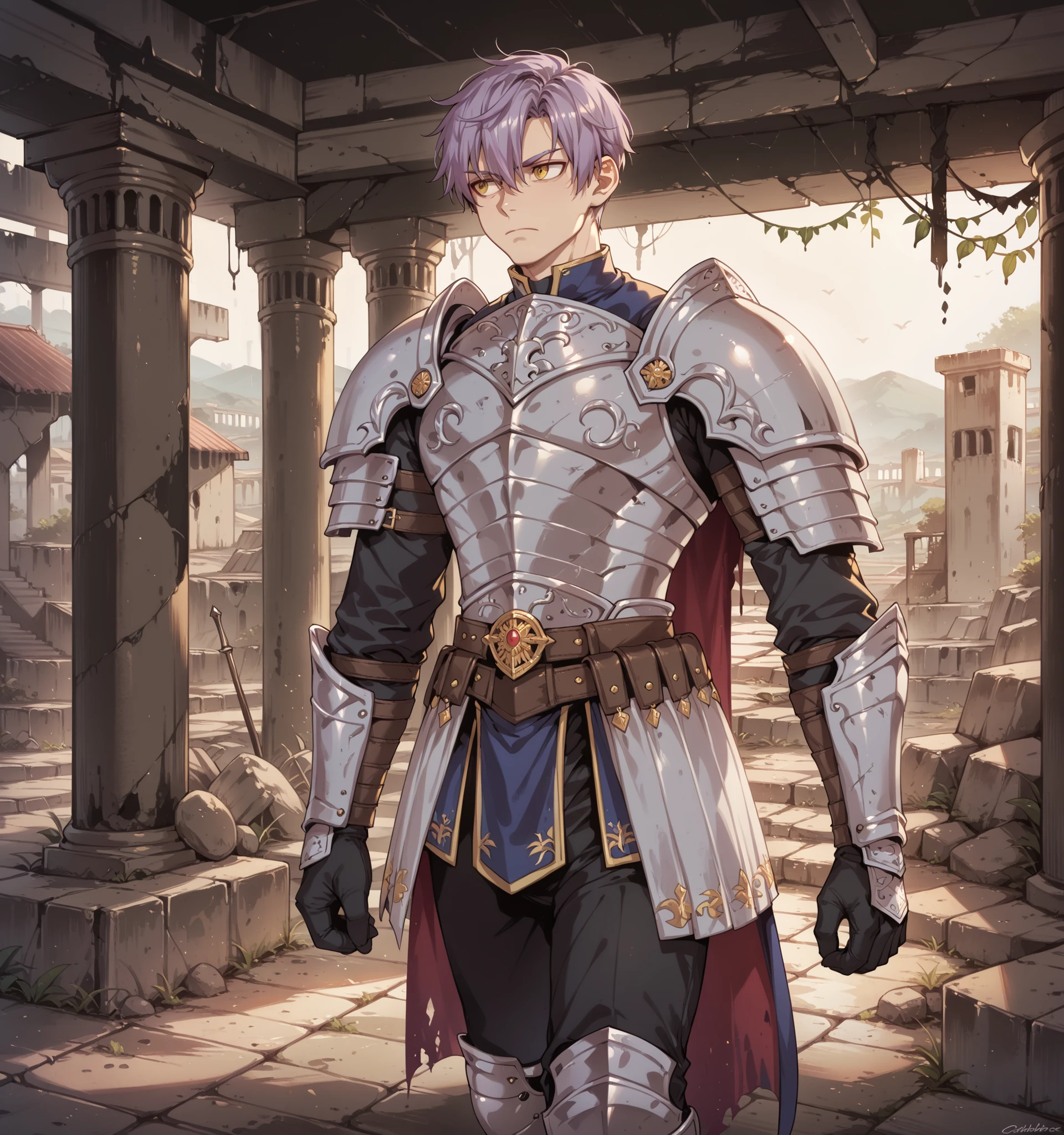 Source_anime, handsome male, fishine style, 1boy, solo, adult boy BREAK
Purple hair BREAK short hair, messy hair, wolf cut, hair between eyes, yellow eyes BREAK
Blue armor, knight armor, sapphire armor, black pants BREAK
Looking at side, looking away, walking, confident face, emotionless, closed mouth
Nature island, indoors, ruins, (crumbling walls)