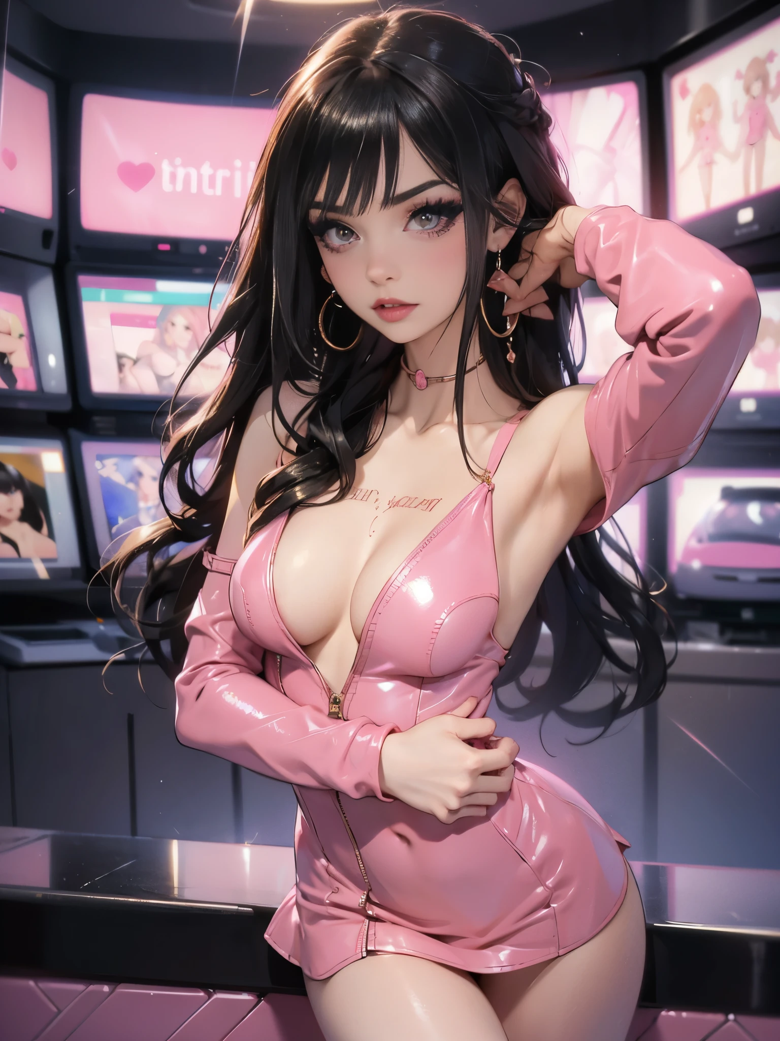 ((Brunette))), ((green eyes)), blue necklace, green earrings, Fit, Gorgeous Body, gorgeous, brown eyebrows, (mole on her upper  lip), big pupils, (18 years old), complex skin, warm light, 5 fingers, ((detailed face, best quality)), ((masterpiece)), ((ultra-detailed)), (beautiful detailed eyes), pink lip, eyeshadow, beautiful face, long hair, very detailed eyes, intricate details in eyes, perfect lips, good lighting, ((wearing hot pink latex outfit)), long hair, detailed face, mean smirk, evil face, ((in a work office)), ((masterpiece: 1.4, upper body)),  , cleavage, most body, 