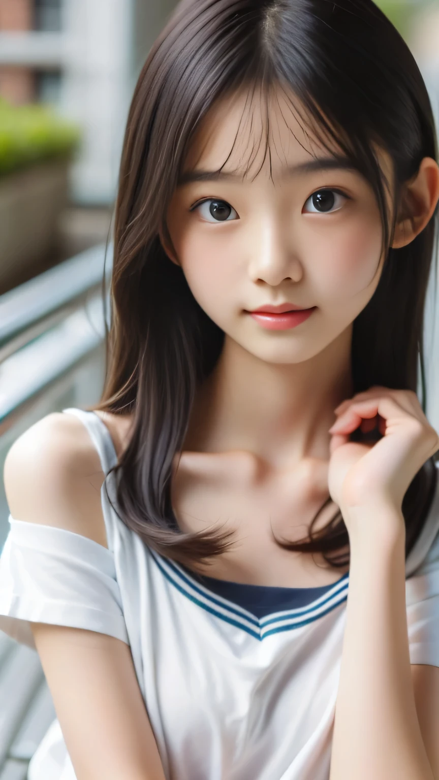 bangs、Beautiful Breasts、 Camisole 、 protruding nipple、black eyes、looks into the camera、surprised expression、sailor school uniform