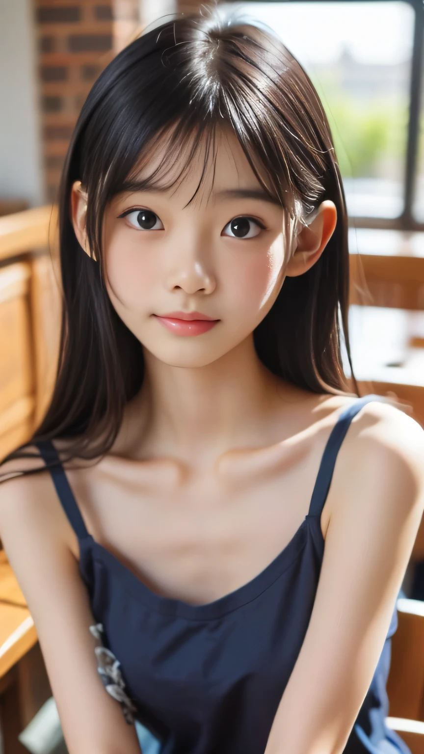 bangs、Beautiful Breasts、 Camisole 、 protruding nipple、black eyes、looks into the camera、surprised expression、sailor school uniform