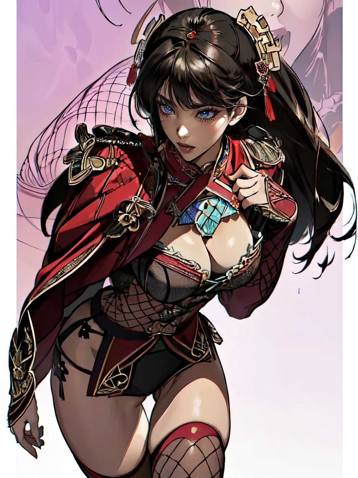((no background))), (((Create images from an image above the head to an image of the thigh))), (((The image above the head is not cropped))), (((female))), 삼국지 시대의 female, Big breasts, ((exposure costume)), (((Exposing the chest bone))), (((Three Kingdoms costume ))), (((Solo))), ((fishnet stockings)), metal hairpin, (((open mouth))), Front shot