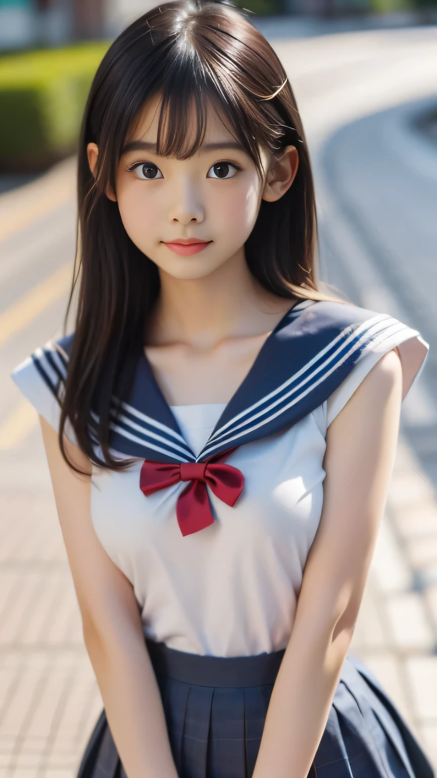 bangs、Beautiful Breasts、 Camisole 、 protruding nipple、black eyes、looks into the camera、surprised expression、(((sailor school uniform))), nsfw