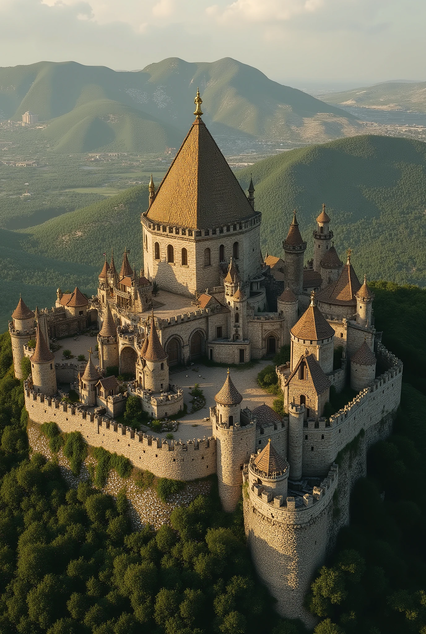 RPG map viewed from above a Kingdom / medieval village with a huge stone castle and a dome with a golden star on its top, realistic and dramatic image style, soft shading and soft lighting, contrasting sunlight, Wide stone walls surrounding the kingdom (flawless perfect walls)