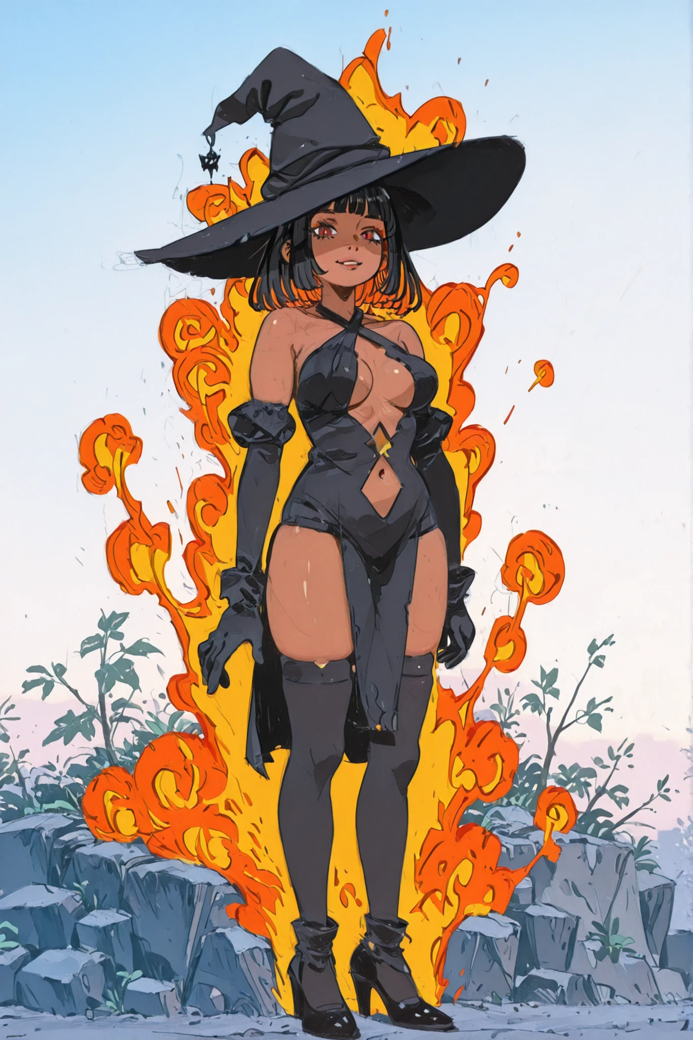 1girl, colored_inner_hair, solo, hat, thighhighs, witch_hat, dark_skin, gloves, dark-skinned_female, breasts, navel, elbow_gloves, orange_hair, dress, black_hair, high_heels, black_gloves, halterneck, looking_at_viewer, black_dress, multicolored_hair, outdoors, fire, full_body, two-tone_hair, black_thighhighs, witch, standing, black_headwear, bare_shoulders, smile, pelvic_curtain, sky, medium_hair, bangs, clothing_cutout, center_opening, shiny_skin, skindentation, parted_lips, thighs, medium_breasts, criss-cross_halter, black_footwear, long_hair, halter_dress