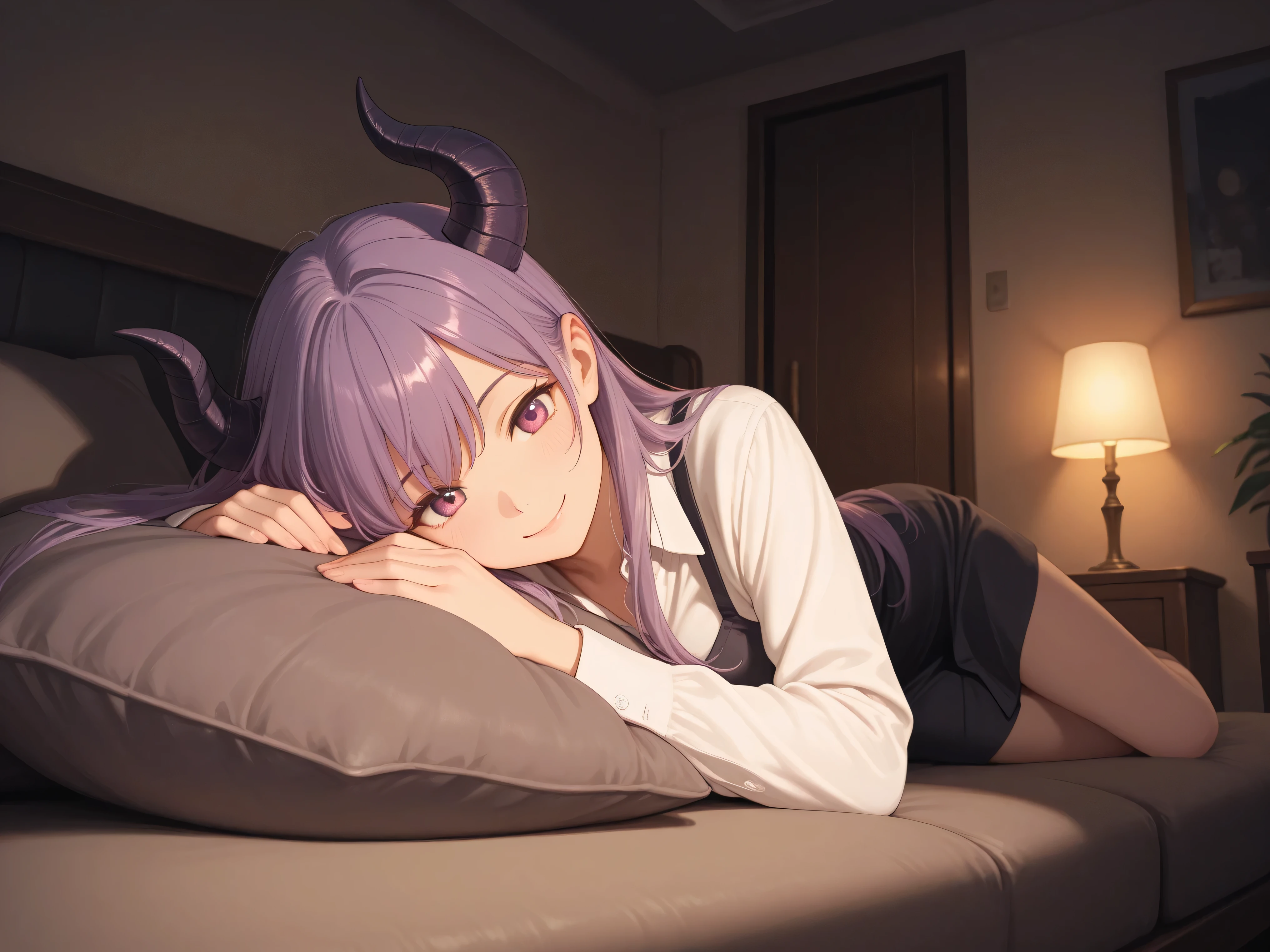one girl,purple hair,long hair,Demon Horns,Smile,in person,cushions,Room,,Interior lighting,High Quality,4K,Details Precise,HDR,Professional