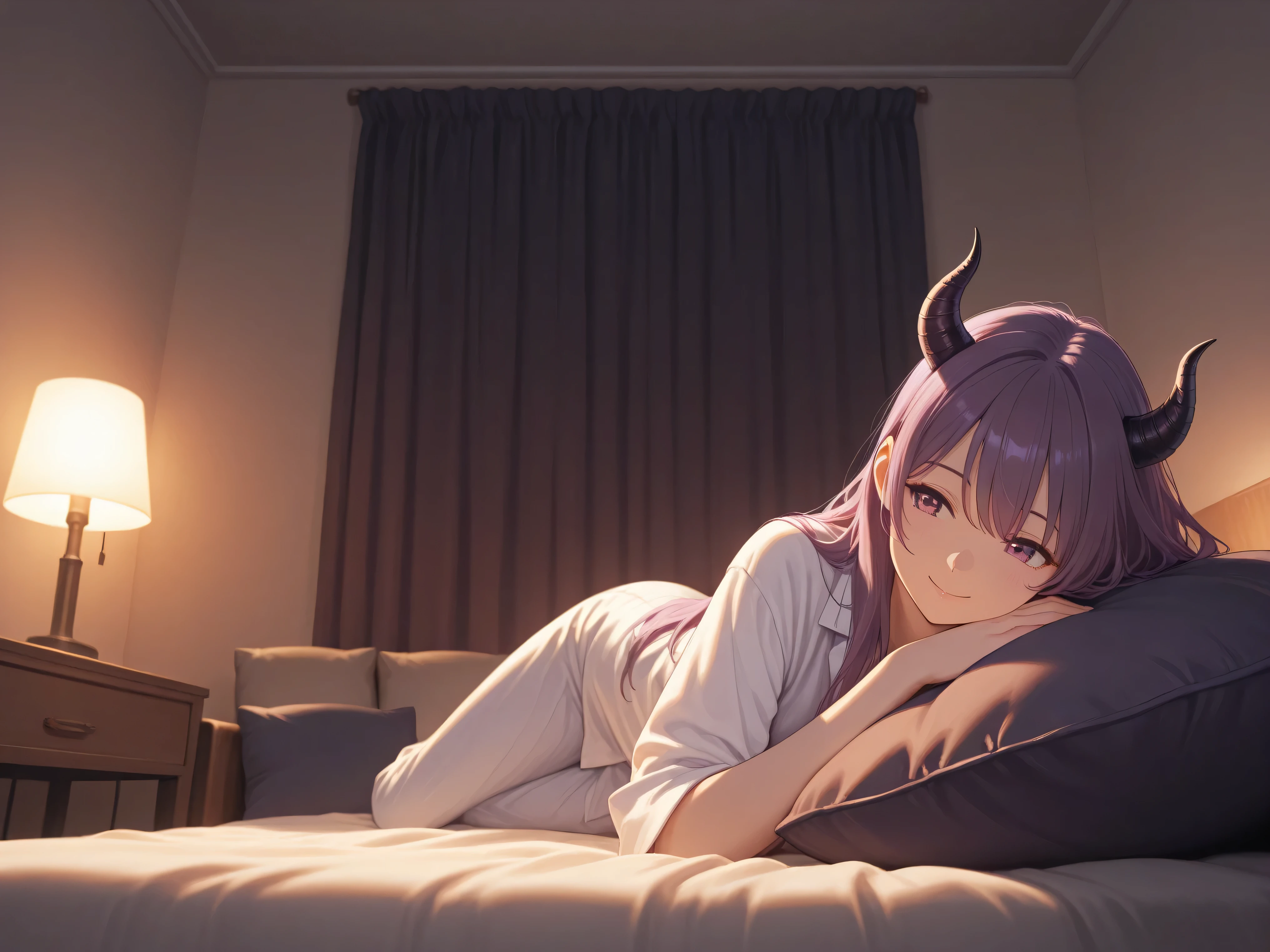 one girl,purple hair,long hair,Demon Horns,Smile,in person,cushions,Room,,Interior lighting,High Quality,4K,Details Precise,HDR,Professional