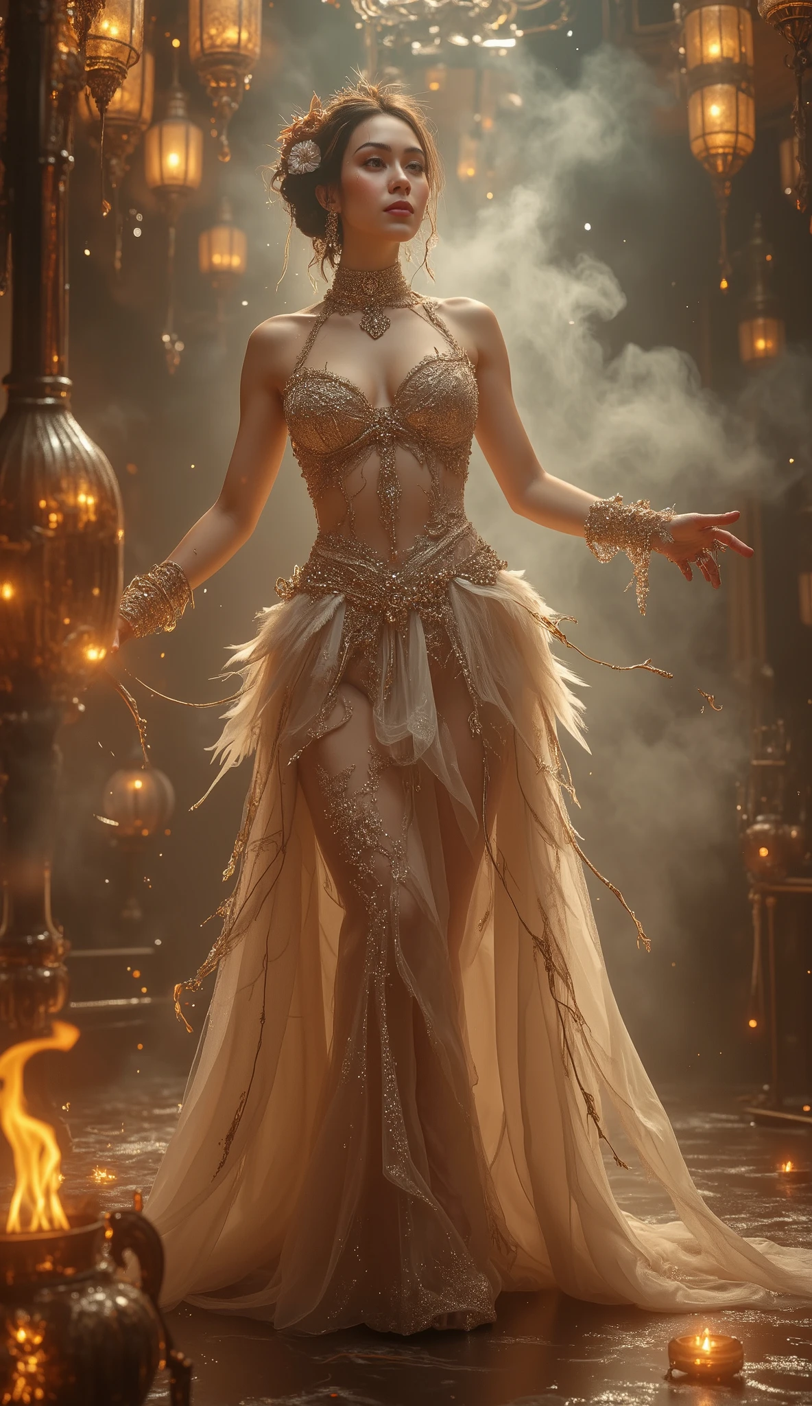 High-art fashion photography close-up, mystical boudoir style. An intimate festival stage, skin illuminated by the golden and orange light of hundreds of translucent silk lanterns hanging at different heights. Polished copper braziers emit an aromatic and faint smoke, creating an ethereal and misty atmosphere. In the center of the stage, a feminine or androgynous figure, ethereal and magnetic, with an exquisitely crafted festival costume that reveals strategically, made of vaporous silks, intricate lace, shiny beads and organic elements such as feathers or exotic flowers. Her pose is fluid and suggestive, dancing gracefully in the middle of the smoke and light, her insinuating but elegant movements. The lighting is soft and diffused, with long shadows that caress the curves of the body. Details on the makeup, accessories and the texture of the fabric that shine under the light. The atmosphere is one of sensual ecstasy and spiritual liberation, with an invisible audience, but whose presence is felt through the warmth and reverence in the air. Warm and rich shades of amber, gold and burgundy. resolution 8k.