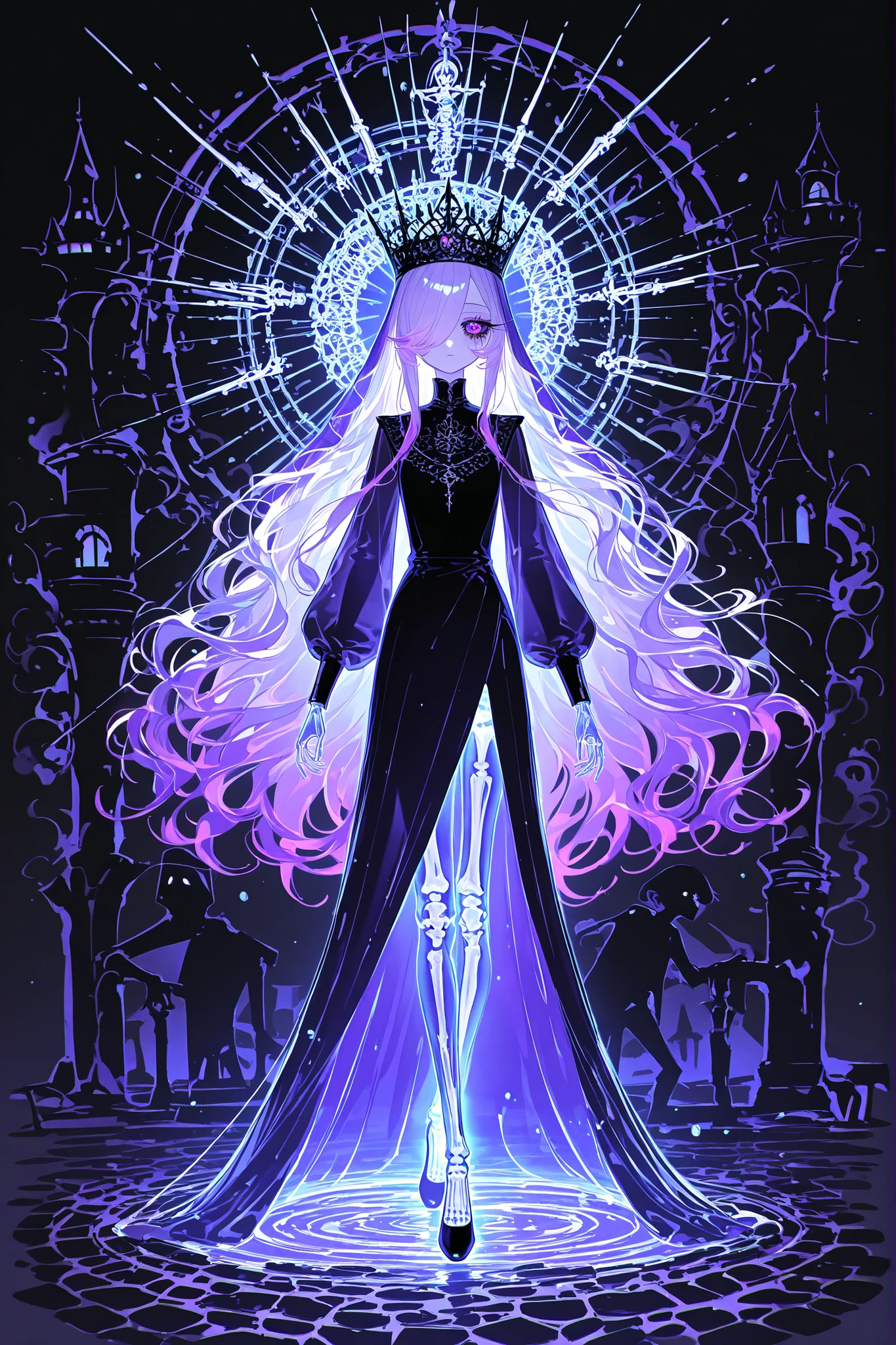(source_anime,xxx667_illu,glowing,ghostly) The undead medival princes. (She has a transparent skin, the silhouette of her skeletal bones can be see through.) She has a shorty flat-chested body shape. She has ghostly pale skin and bruises under her eyes. She has tired big black-purple eyes with long eyelashes and leaking mascara. She has black very long hair with purple highlights, she has a careless long ghostly hairstyle with long hair over one eye. She has a black manicure. She is wearing a pitch black medieval A-line dress with high collar, silver wimple, and long bishop sleeves. She wearing a black silver cone-shaped hat of princess with purple veil. She wears black ballet flats. (In the background: is a room with an authentic interior of abandoned medieval castle made of cobblestone. Abandoned medival kingdom.)