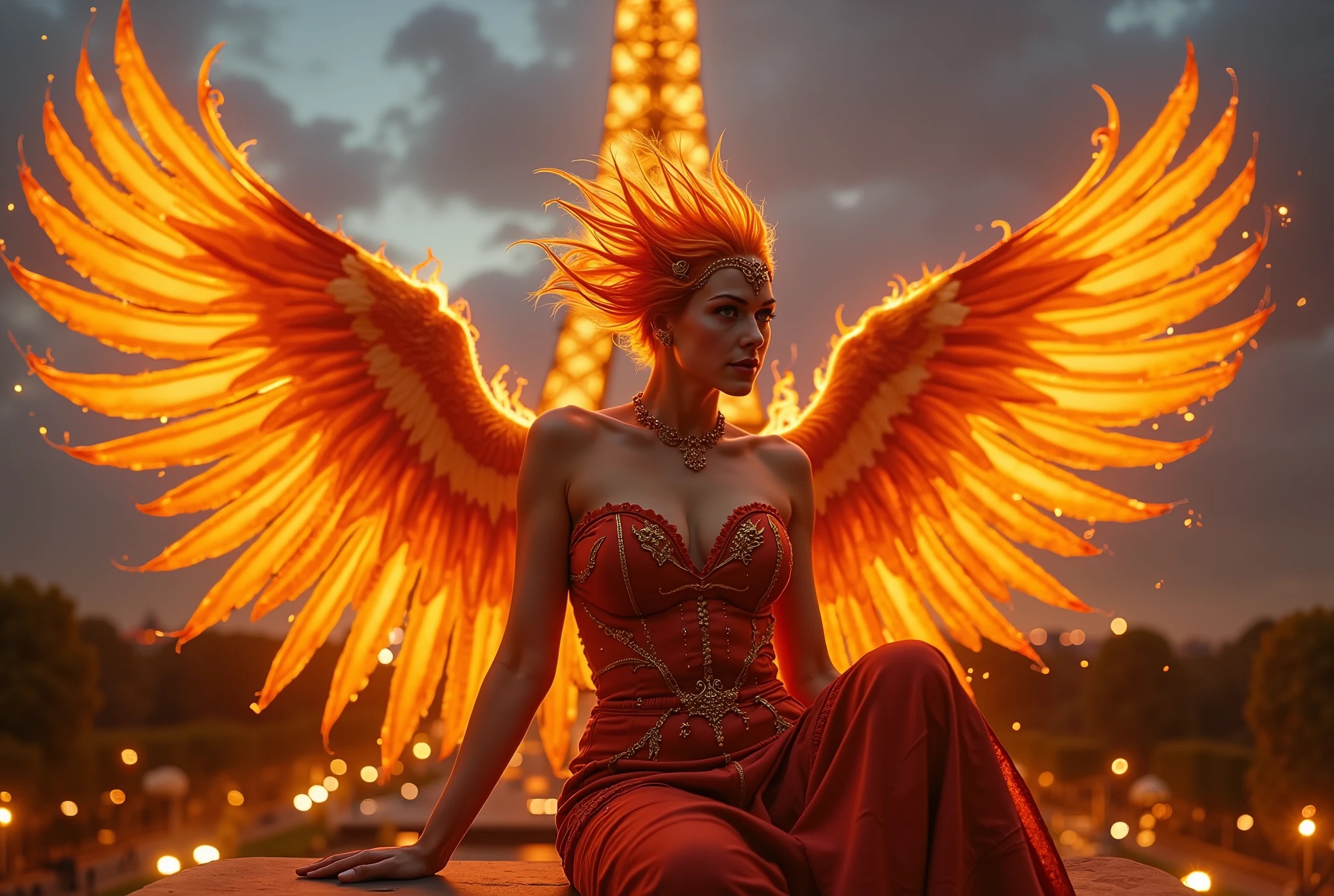 Potrait lower photoshot half body of a woman with a red bird on her head and wings, phoenix rising from the ashes, phoenix rising, phoenix-inspired, she has the head of a phoenix, phoenix in light orange fire, with fiery orange wings, with fiery golden wings of flame, glowing in the dark, artwork of a phoenix, phoenix warrior, the phoenix, ''wallpaper of a phoenix under the Eiffel tower paris , the solarpunk phoenix, phoenix