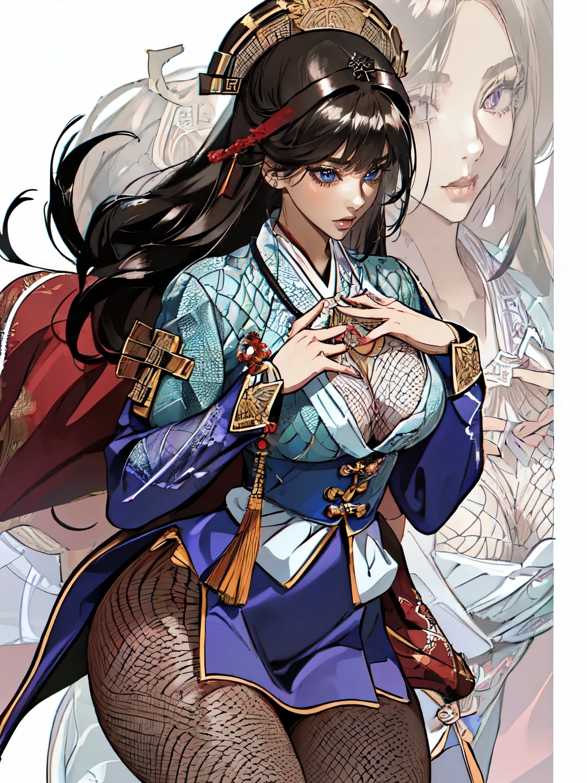 ((no background))), (((Create images up to the thigh))), (((The image above the head is not cropped))), (((female))), 삼국지 시대의 female, (Big breasts), ((exposure costume)), (((Exposing the chest bone))), (((Three Kingdoms costume ))), (((Solo))), ((fishnet stockings)), metal hairpin
