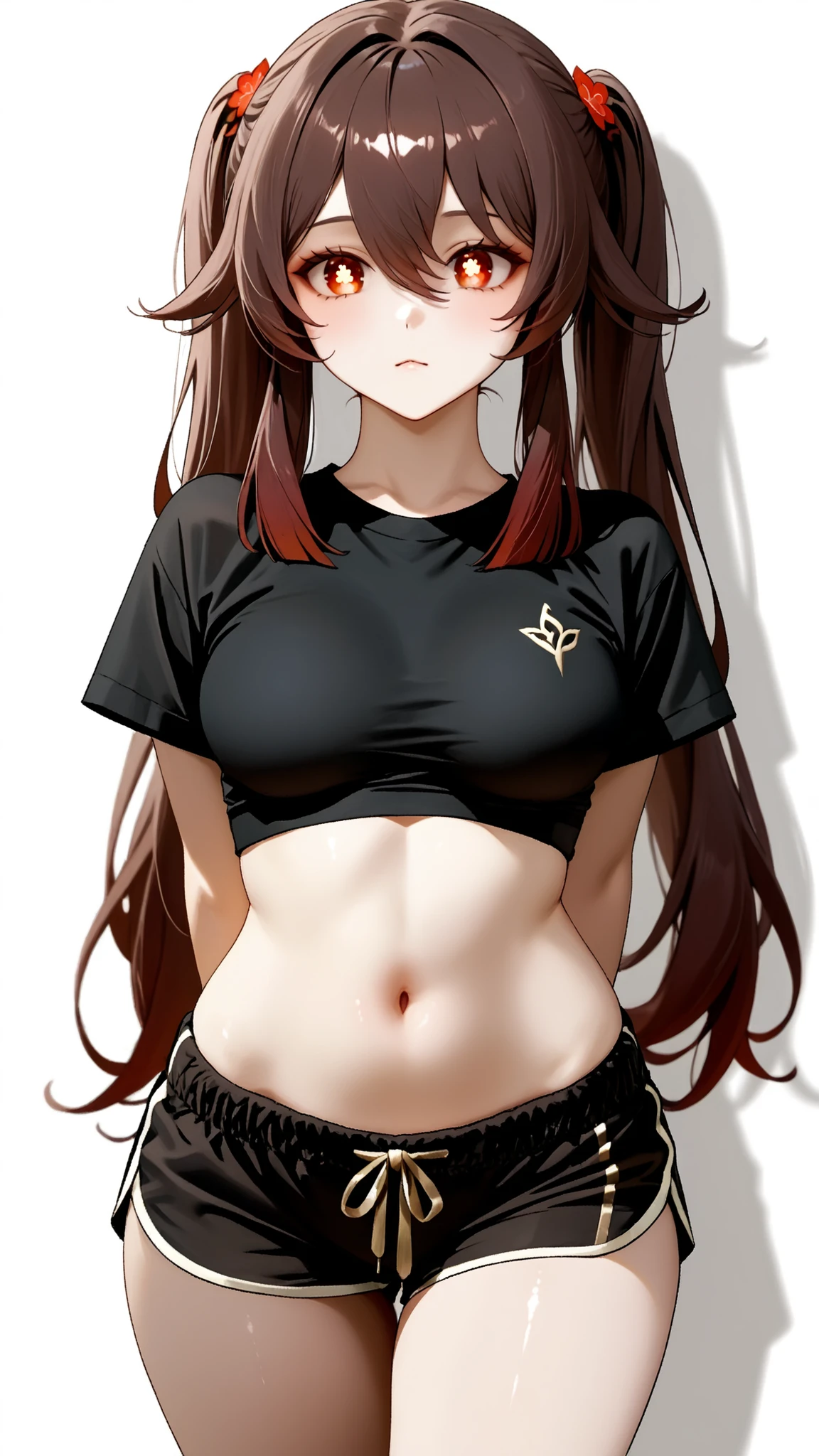 Hu_Tao_(Genshin_Impact), red_eyes, brown_hair, long_hair, twintails, symbol-shaped_pupils, Hu Tao, Genshin Impact, with a white background,intricate_details_xl, masterpiece, extremely detailed, 16k, solo, semi realistic, 1girl, adult ,((fullbody)), 1girl, legs, , arms behind back, housewife, black shorts, black tshirt, navel, soft light, high detailed, best quality, upper body, looking at viewers, front look, hot pose, photography, cowboy shot