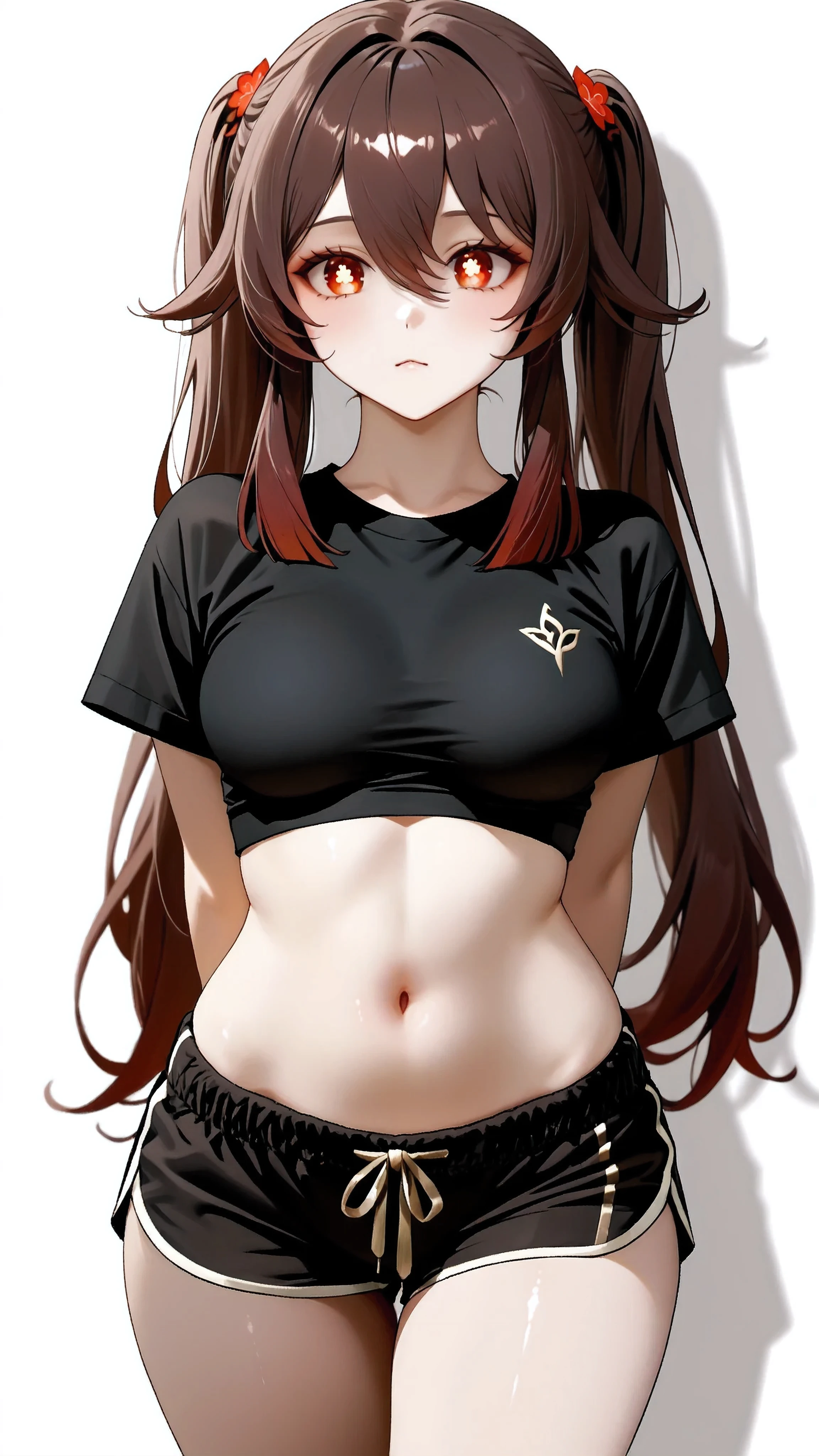 Hu_Tao_(Genshin_Impact), red_eyes, brown_hair, long_hair, twintails, symbol-shaped_pupils, Hu Tao, Genshin Impact, with a white background,intricate_details_xl, masterpiece, extremely detailed, 16k, solo, semi realistic, 1girl, adult ,((fullbody)), 1girl, legs, , arms behind back, housewife, black shorts, black tshirt, navel, soft light, high detailed, best quality, upper body, looking at viewers, front look, hot pose, photography, cowboy shot