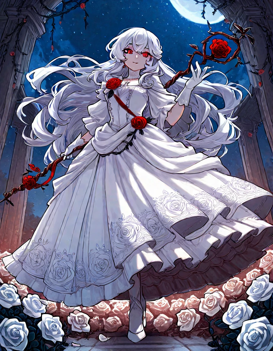 flat color,LOR Artstyle, veil, solo, flower, white background, simple background, holding, crown, staff, blood, rose, no humans, holding staff, weapon, red flower, blood, bloodstain