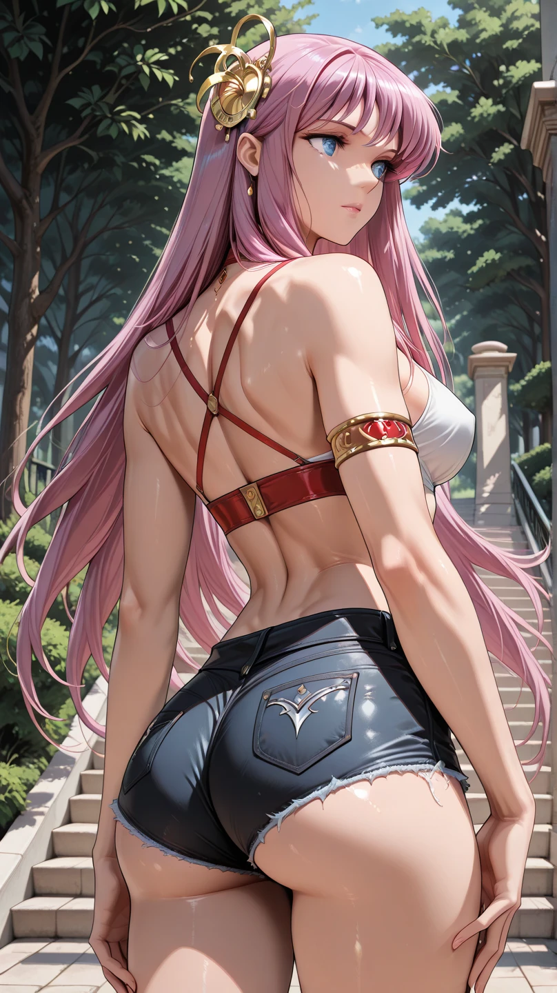 sensual, ((long pink curly hair)), thick thighs, 8k, 4k, highest quality, High resolution:1.2), cute anime face, noise reduction, ((shining blue eyes, gentle smile, kind eyes))、toned abdominal muscles, muscular arms, muscular legs,  young face, anime eyes, (((、A  that is about to burst)))、(((bondage style)))、(((Rear view、I'I'll turn around、emphasize the 、T-back that digs into your )))、(((white string)))