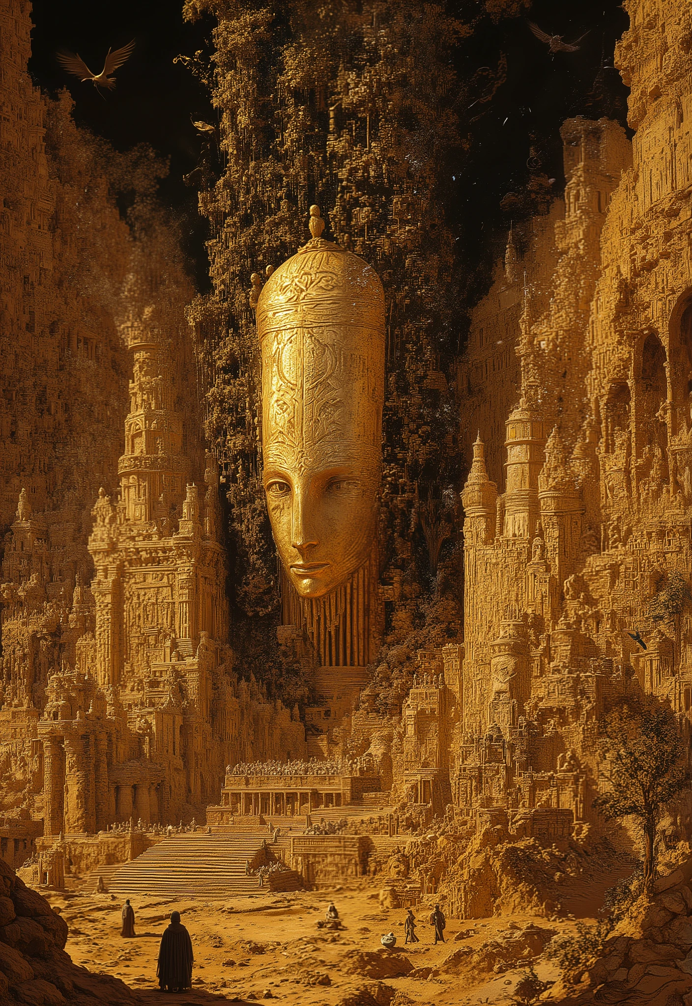 A faceless god, A Titan who fought in primordial battles and learned to watch and wait. He is the last of them, his kind. Father of Remembrance, He Who Is Reflection and Memory, his countenance is a mirror that reveals Truth and banishes Confusion. The ancient god in Egypt. A god of the desert known to the Egyptian people through legends. Legends that lead to the mirrorverse, the realm where nothing is forgotten and all tales bear but a glimpse. Countless statues of heroes and gods and monsters and miracles surround him behind. His faceless visage carries them all in reflection. The scorching sun shines in the sky, and vultures fly around.