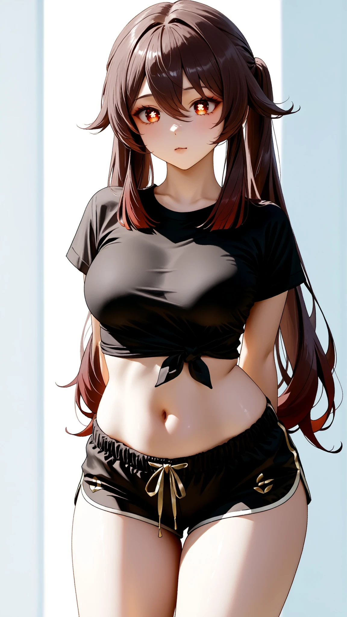 Hu_Tao_(Genshin_Impact), red_eyes, brown_hair, long_hair, twintails, symbol-shaped_pupils, Hu Tao, Genshin Impact, with a white background,intricate_details_xl, masterpiece, extremely detailed, 16k, solo, semi realistic, 1girl, adult ,((fullbody)), 1girl, legs, , arms behind back, housewife, black shorts, black tshirt, navel, soft light, high detailed, best quality, upper body, looking at viewers, front look, hot pose, photography, cowboy shot