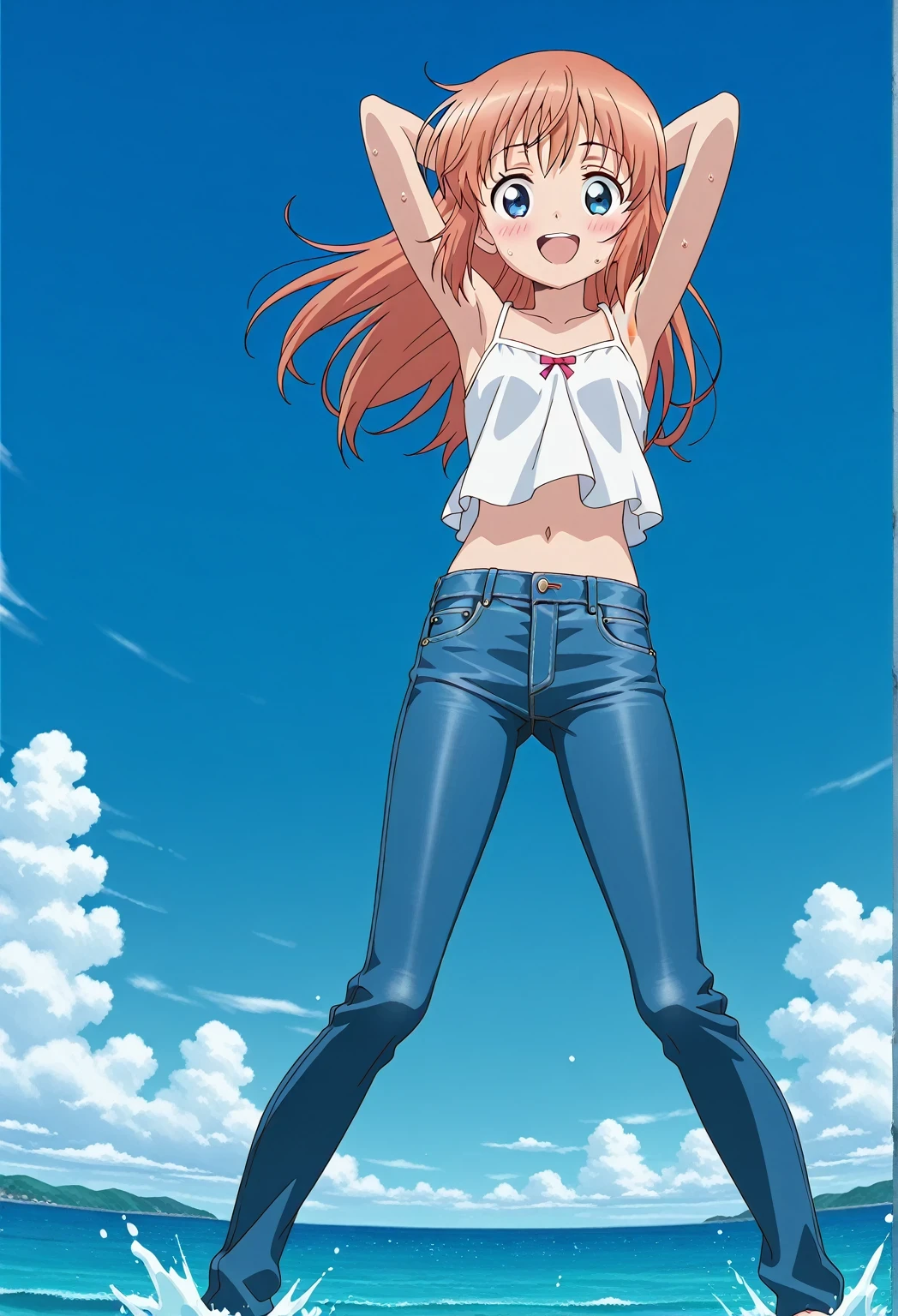 score_9, score_8_up, score_7_up, source_anime, highres, hi res, ((best quality, top quality, perfect quality, Highest Quality, amazing quality)), {{masterpiece}}, {{an extremely delicate and beautiful}}, 2d, intricate details, official style, anime, 8k, anime style, official_anime, official art, digital painting, cell shading, soft shading, high resolution, soothing tones, Subdued Color, Soft cinematic light, adobe lightroom, photolab, HDR, intricately and hyper-detailed, ((high quality animation)), 1 girl, Alone, solo, ((ocean)), tsunami, on the water, day, sunny, outdoors, sky, windy, haneoka meimi, long hair, orange hair, blue eyes, anime screencap, small , white camisole top, crop top, white crop top, best quality, hyper-detailed jeans, ((blue jeans:1.9)), (dark blue jeans:0.6), full medium body, medium shot, Open mouth, smiling, happy face, blush, sweat, standing, ((arms behind head:6.0)), bowlegged, jumping pose, action, looking at viewer, , Bend knees slightly, straight-on front view