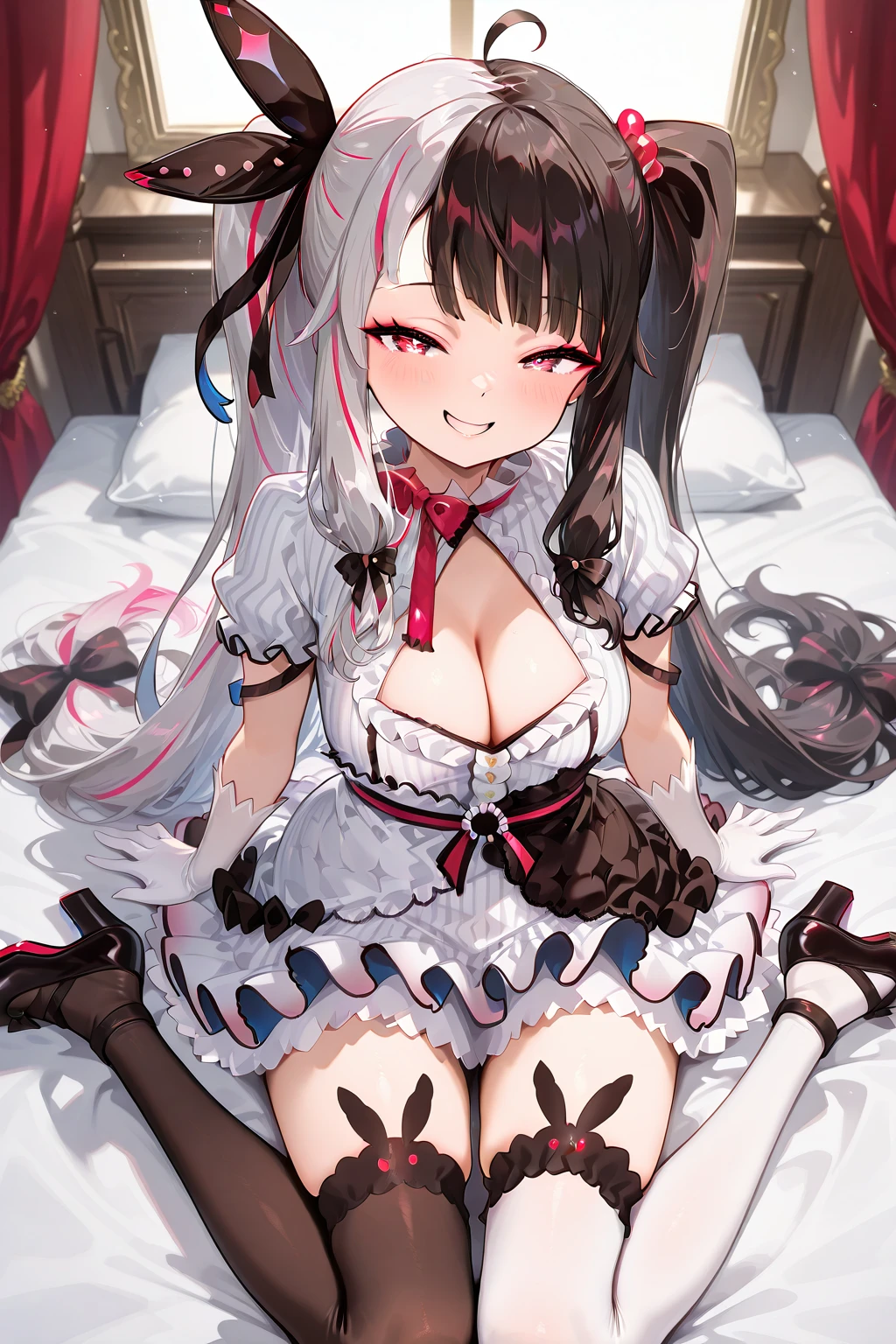 high quality, masterpiece, Super detailed, Bottom View，1 girl,  extremely detailed faces, white lace bikini，maid crown，White wedding headpiece，Kneeling on the ground，handcuffs，collar，Calm expression,Smile，handcuffs，collar，long black hair, Attractive pink eyes, Fox ears, Ridiculously big, Glowing skin, Wooden floor，medieval town