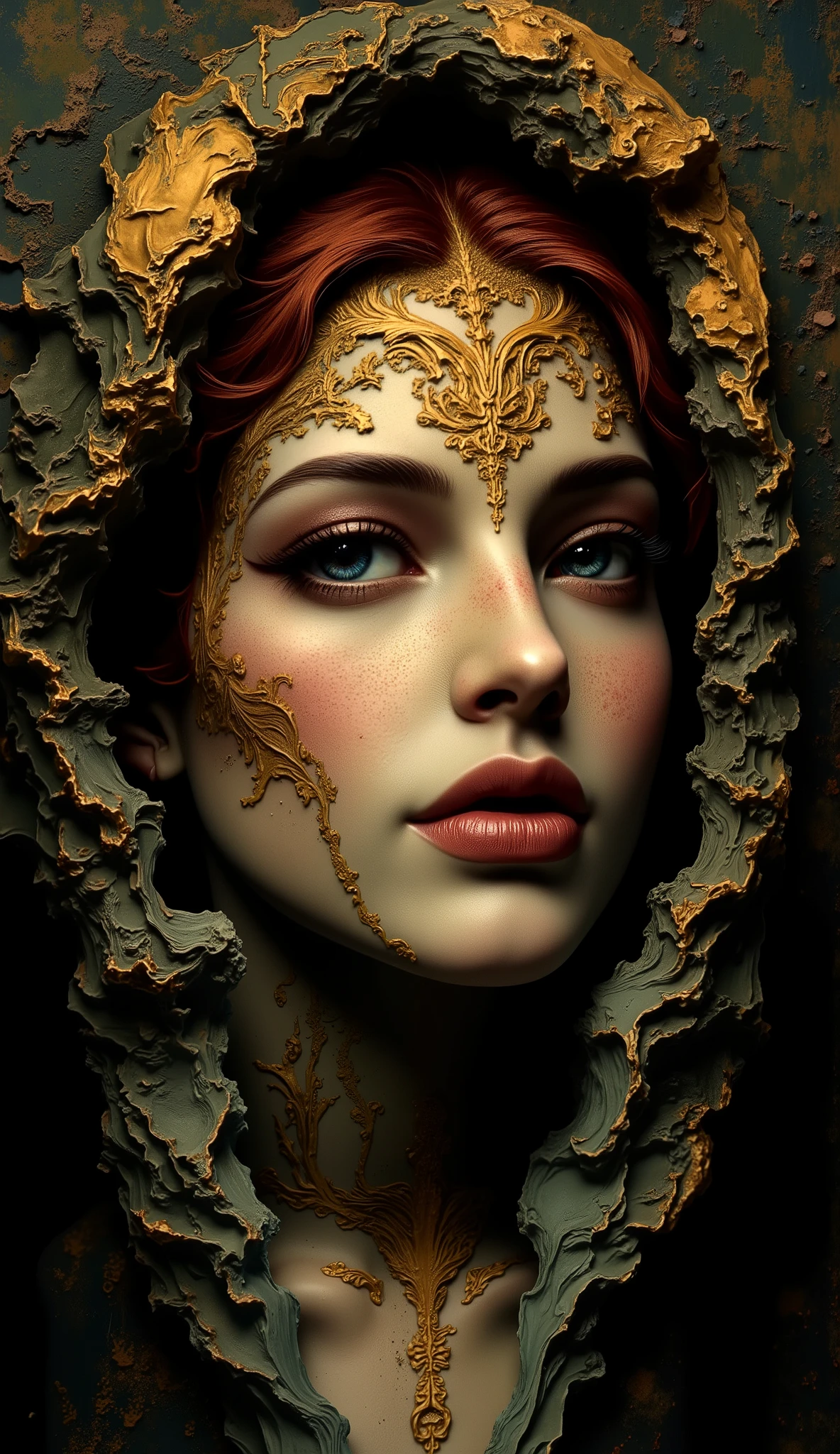 A work by Juan Burfal (Abstract Art: 1.3). This piece features a sculpture of a female face made of marble, characterized by a matte texture and dark tones, with flowing patterns of green and gold. A masterpiece, of the highest quality, and ultra-high resolution.