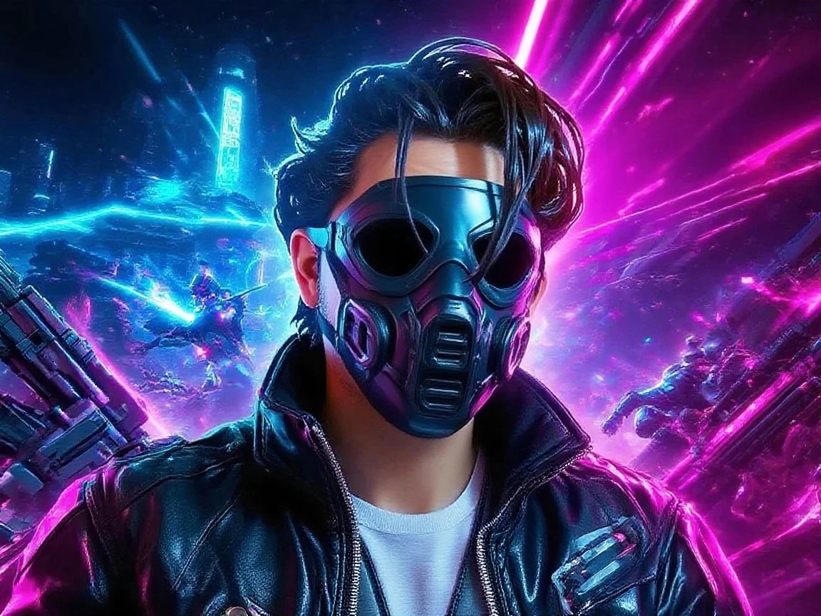 white shirt, leather jacket, 1boy, male focus, gas mask, dystopian vibes, short hair , black hair, blue eyes, cyberpunk, synthwave theme, zoom out, depth of field, cinematic lighting, masterpiece, best quality