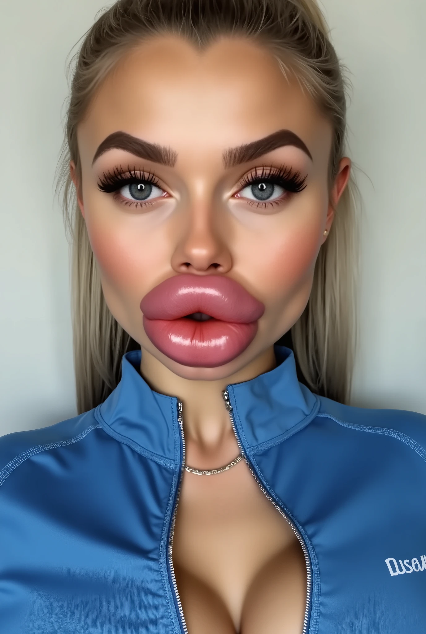 Ultra-realistic portrait of a beautiful young woman in her 20s with platinum blonde hair tied in a high ponytail. She has flawless skin, long eyelashes, and bold makeup with contour and shimmer. Her facial features are huge fake bimbo lips, glossy and overfilled, giving her a plastic-surgery-enhanced look. She is wearing a tight blue zip-up athletic top with a deep neckline that shows cleavage. The lighting is soft and even, and the background is minimal, emphasizing her face and outfit. The style is high-end influencer aesthetic, ultra-detailed, photorealistic, cinematic 8k.