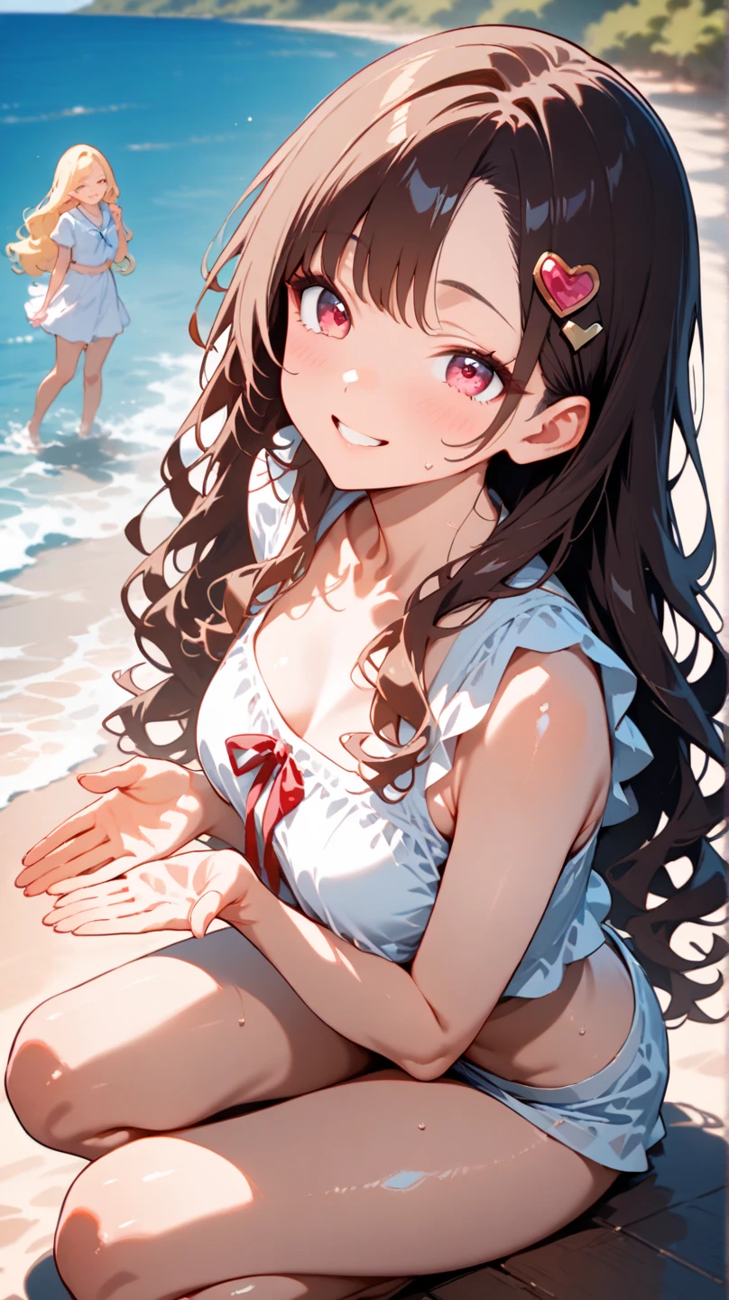 chibi , whole body , big brown eyes , long wavy hair without bangs , brunette , White summer dress with straps , beautiful sandals , blush , I'm sitting on the floor with a white and tan Shihtzu dog., smiling face , cute freckles 