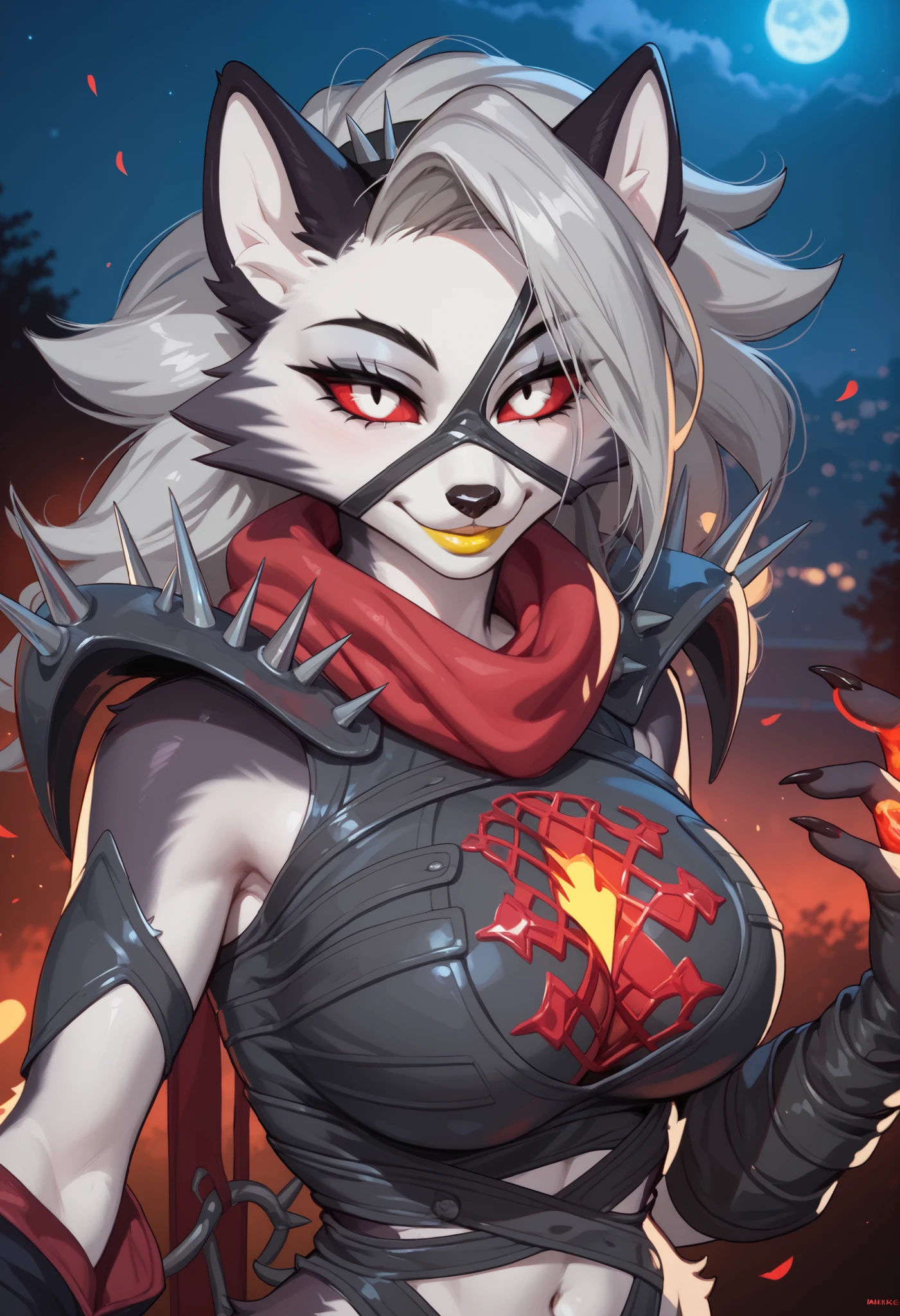 female furry, big breasts, anime style, yellow lipstick, night, sensual smile, dark red energy, Malice Loona 