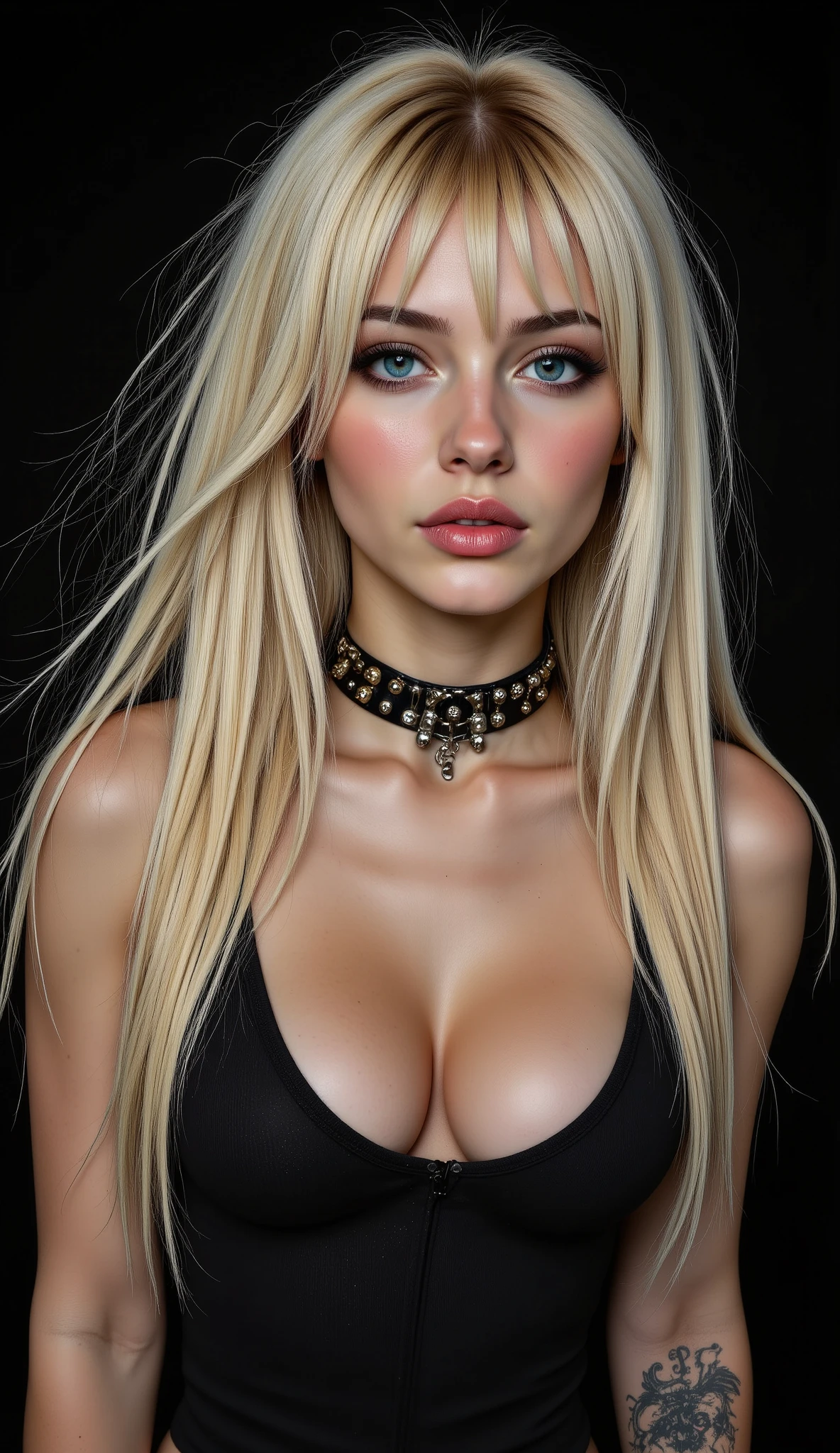 straight haired blonde woman moves in the wind , eyebrow bangs:1.4, Beautiful and sensual face , sensually narrowed eyes and half-open mouth , red scrambler, with tattoos on arms and legs , posing for a photo , portrait of Kim Petras, Ava Max, tight and black clothes :1.32, doggy punk spiked collar around the neck , using spikes and piercings , mix. A simulated photo of Kerli Koiv , knitted , she looks like a mix of Grimes's sensually squinting eyes , wears a black collar , with an intricate collar , answer ( Yolandi Fisher ), Photo from a promotional session , hyperrealistic style, ( black background)