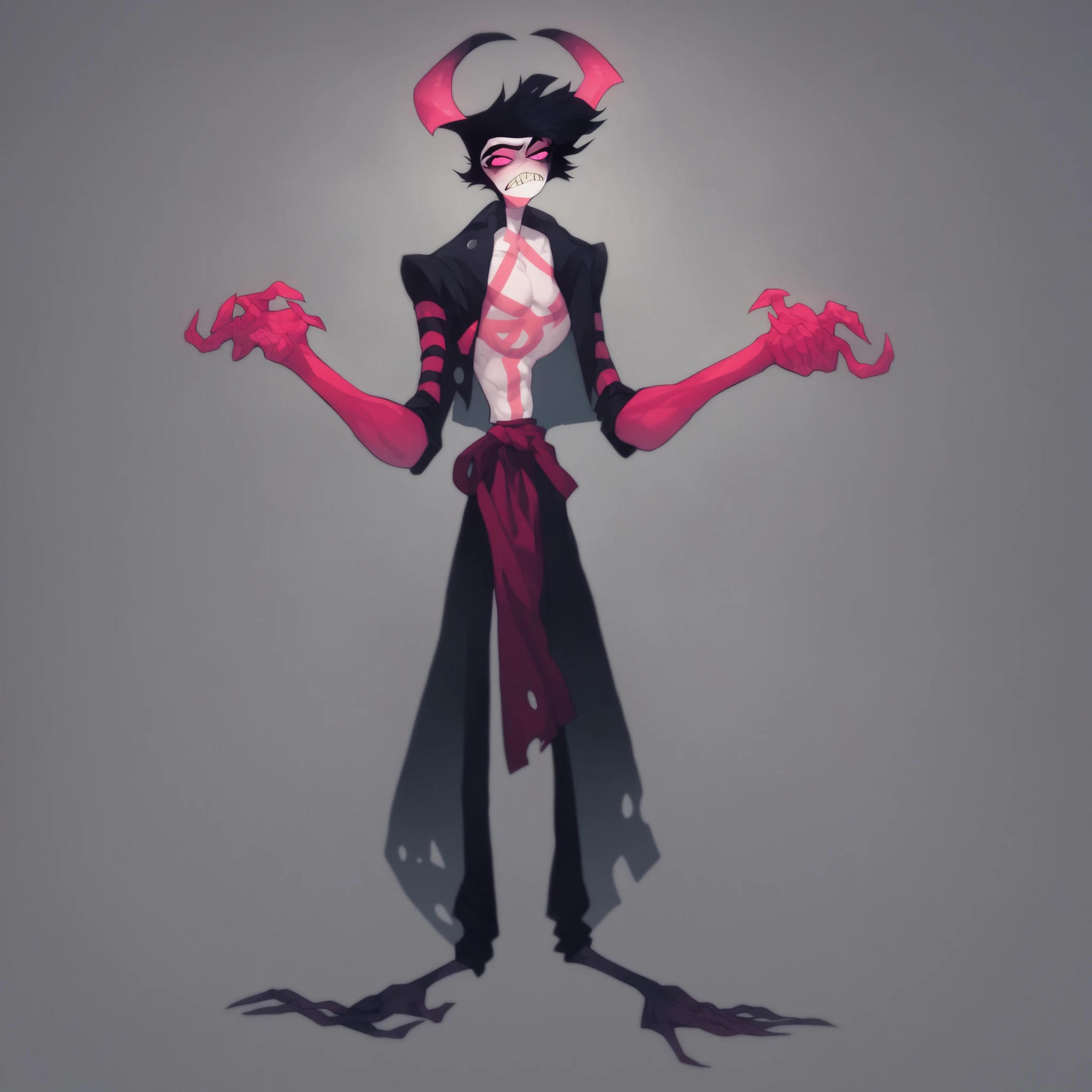 12-foot-tall black demon monkey, lean muscular build, short coarse black fur, thick untamed black mane down head and back, elongated arms, long clawed hands and feet, subtle bone ridges under skin, faint horns curving backward, deep violet eyes with heavy lids, shy and withdrawn expression, slightly hunched posture, tattered dark coat draped over shoulders, worn pants tied with cloth belt, natural matte textures, no glowing features, demonic yet regal aura, calm and intimidating presence, shadowy muted tones, hazbin hotel style.