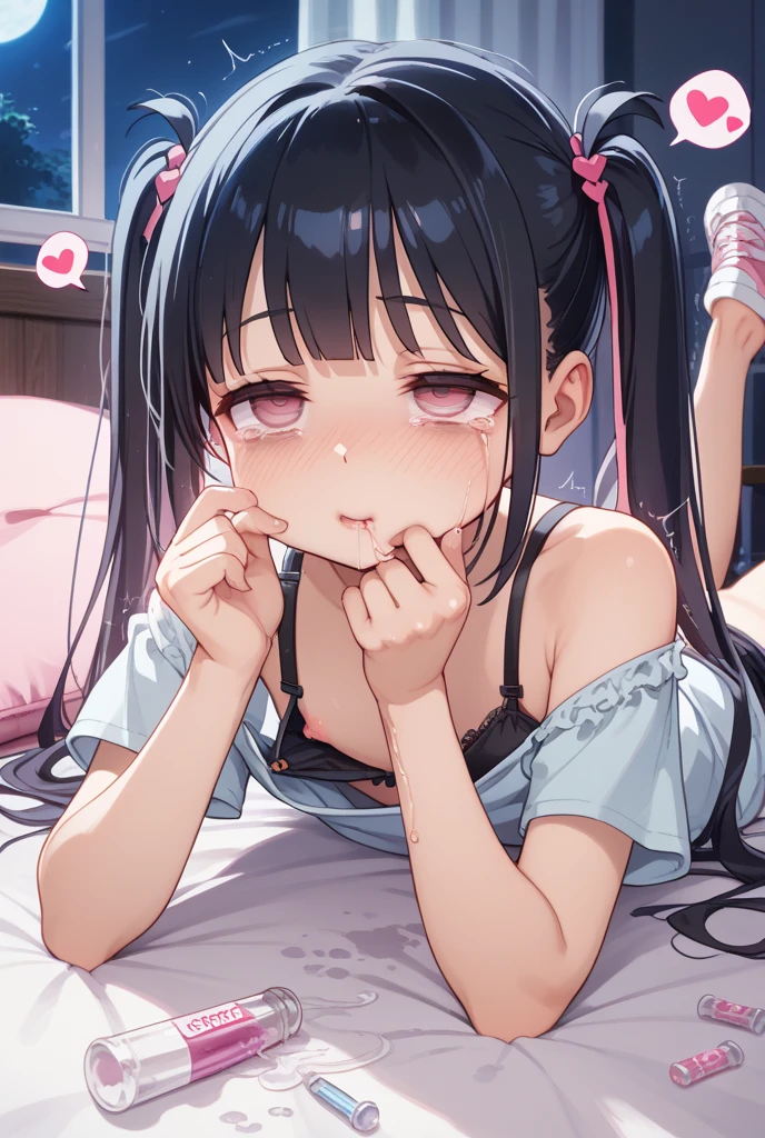 front view,looking at viewer, looking ahead,from above,cowboy shot,1girl,Beautiful 11 year old girl,Japanese,Slender,,low length,Small breasts,Thin legs,Small Ass,Baby Face,Small face,Black Hair,Row Twin Tails,Gray Eyes,Drooping eyes,middle School girls,Sheer black negligee,Sexy Lingerie,open mouth,tongue out,front face,Kneeling,Put your chin forward,Beautiful and detailed anime art,Desire expression,Sexy vibe,cum on tongue,Dimly lit room,On the bed,Simple Background,Gray background,Pink lighting,pointing at self
