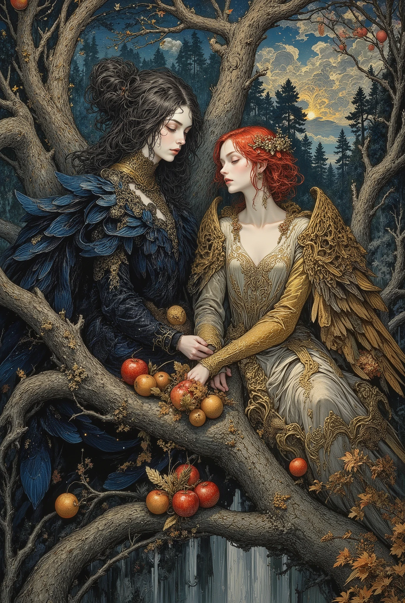 A masterpiece, in the style of Viktor Vasnetsov. On the branches of an ancient apple tree, covered with silvery predawn frost, sit the bird sisters Sirin and Alkonost. The Sirin bird, on the left, faces the fading night. Her plumage is a deep sapphire blue, turning into smoky purple and steel shades. Each feather on her chest and wings is worked with jeweler's precision, as if hammered on dark silver. Her virgin face is pale, melancholic, with eyes closed in blissful sorrow. A barely visible, inviting mist flows from half-open lips, in which ghostly dreams flicker. Her disheveled hair, the color of ripe wheat, is intertwined with thin branches and withered leaves. The Alkonost bird, on the right, greets the dawn. Her wings are like the dawn: feathers the color of ripe raspberries, apricot jam and warm gold, with veins like patinated copper. Her face is bright and clear, her gaze is fixed on the sky, her lips are touched with a slight smile of hope. There are ripe, ruddy apples around her, exuding a thin steam. Her red hair, like autumn leaves, is decorated with a wreath of cornflowers and ears of corn. Scene: They are sitting on the bizarrely curved branches of an old apple tree, where ripe golden apples are next to the last scarlet leaves. The background is a mystical landscape on the border of worlds: on the left is a dark, coniferous forest, drowning in night fog, where pale lights glow; on the right is a lightening sky, with the first rays of the sun turning light clouds pink and lilac tones. The milky river of Oblivion meanders between them. Style and atmosphere: Vasnetsov's semi—realism, richness of textures - velvety plumage, roughness of tree bark, softness of predawn light. A deep, restrained color palette with accents of precious shades. An epic, fabulous and lyrical atmosphere at the same time, a frozen moment between sadness and joy, between a dream and reality.