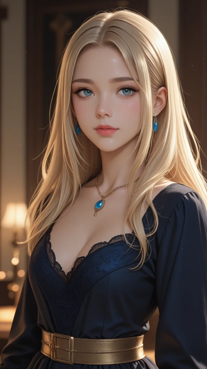 best quality, masterpiece, high resolution, A girl, blond, blue eyes, Fashion Clothing, necklace, jewelry, Pretty Face, Perfect ???????, more than_Body, Tyndall effect, lifelike, Dark Studio, Side light, Two-color lighting, (HD Skin:1.2), 8K Ultra HD, SLR camera, Soft Light, high quality, Volumetric Lighting, frank, photography, high resolution, 4K, 8k, Bokeh,