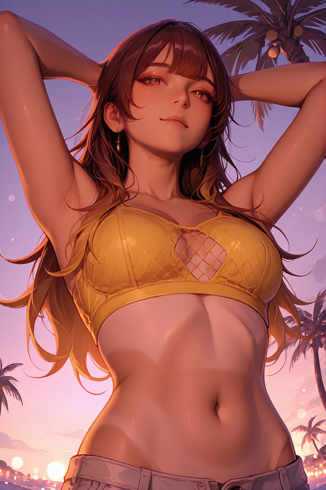 1girl,, glamorous, voluptuous,dynamic angle,forehead, shoulder-length wavy brown hair ，paisley print orange bandeau  , dynamic pose