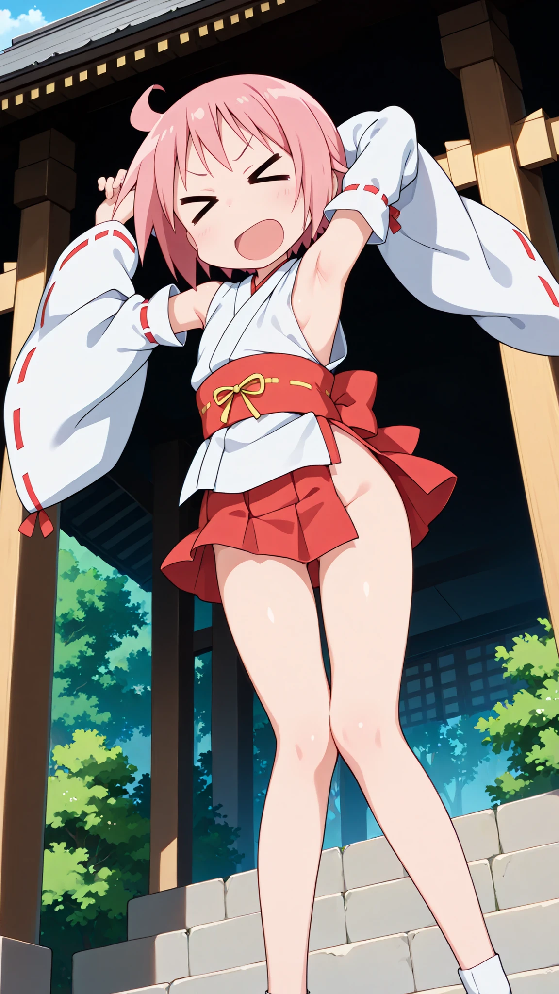 nonohara yuzuko, pink hair, short hair, ahoge,,bangs,(nsfw),((anime style)),score_9, score_8_up, score_7_up, source_anime,,1girl, ((miko)),  ((((mini slit red skirt)))),, Exposed thighs ,Obi knot, (flat chest) , ((side boob)) , (No panties) ,  ,(Sleeveless white clothes),((exposed shoulders)) ,((detached white sleeves)),(ribbon-trimmed sleeves),(Shrine grounds),v-shaped eyebrows,cute pose,(presenting armpit), (((low angle))),outstretched arm,((contrapposto)),((knees together feet apart)),
,glimpse of her thighs,cute,detailed face , front shot , ((full bady)),(((((> <))))),

