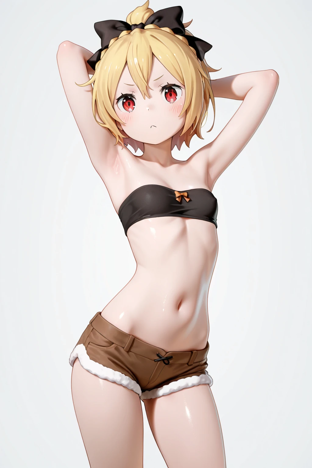 score_9, score_8_up, score_7_up, 1girl, solo, cowboy shot, underwear, agnian bra, panties under pantyhose, bare arms, medium breasts, chest jewel, yellow eyes, short hair, braid, mio, cat girl, simple background<lora:mio xl 048 fro 95:1>