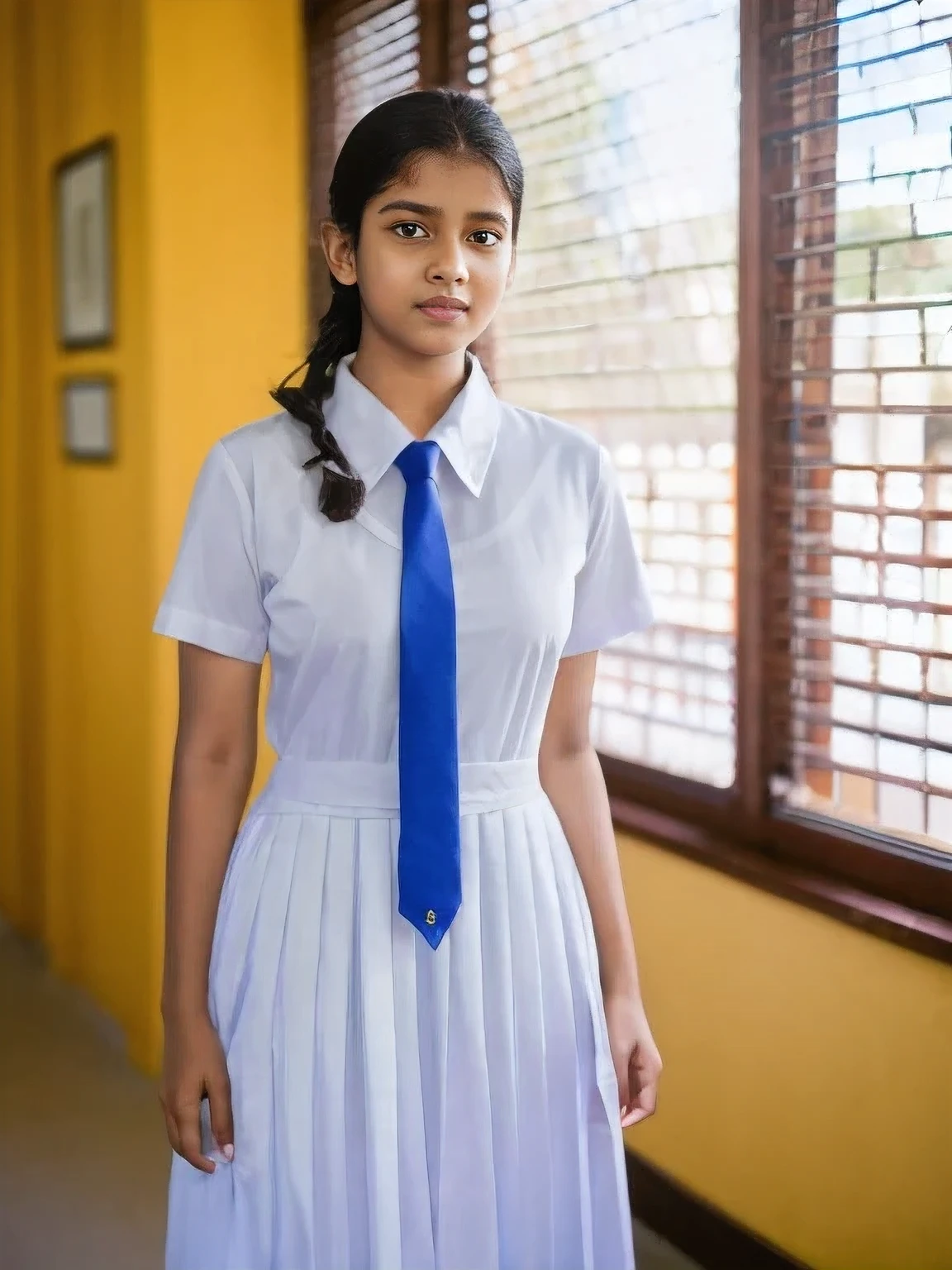 Sri Lanka girl , medium breasts, standing in the classroom,detailed white frock, color tie, , cinematic lighting, hyperrealistic, photorealistic, 8k, masterpiece, warm colors, natural lighting,