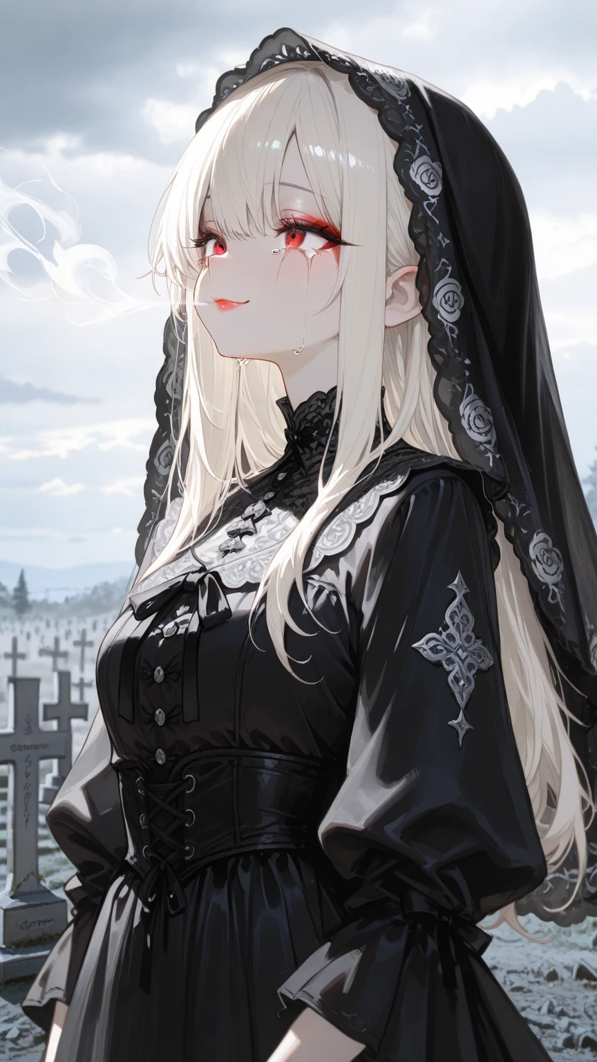 Top image quality，Top animation quality，Exquisite details，((Cute anime in 2023))，solo，Upper Body，A woman，(Wearing loose gothic clothing)，Lady hat，Silver long hair，Deep red eyes，Stand in the church，Depth of Field，Stained glass wall，dark feeling，cool