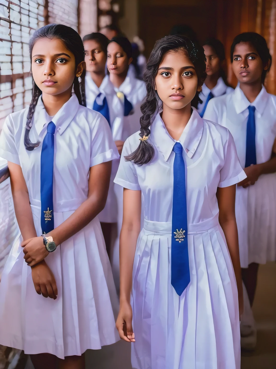 Sri Lanka girls, multiple girls, posing medium breasts, standing in the classroom,detailed white frock, color tie, , cinematic lighting, hyperrealistic, photorealistic, 8k, masterpiece, warm colors, natural lighting,