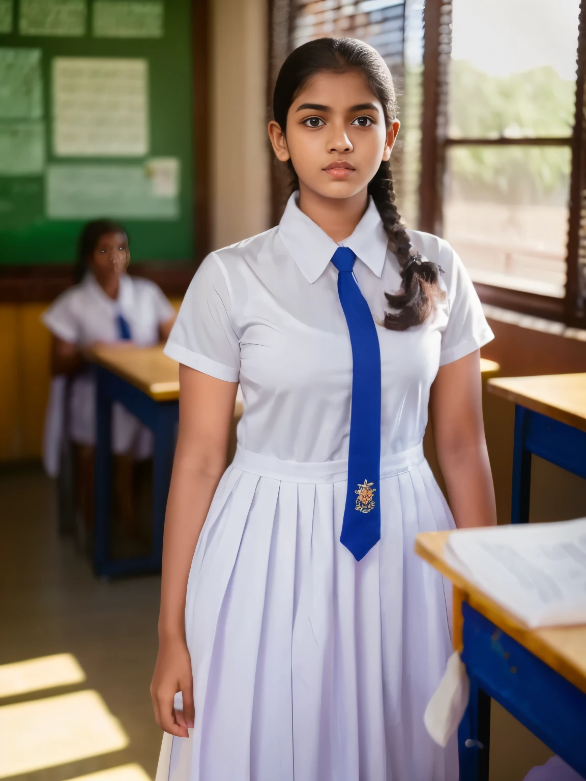 Sri Lanka girl , medium breasts, standing in the classroom,detailed white frock, color tie, , cinematic lighting, hyperrealistic, photorealistic, 8k, masterpiece, warm colors, natural lighting,