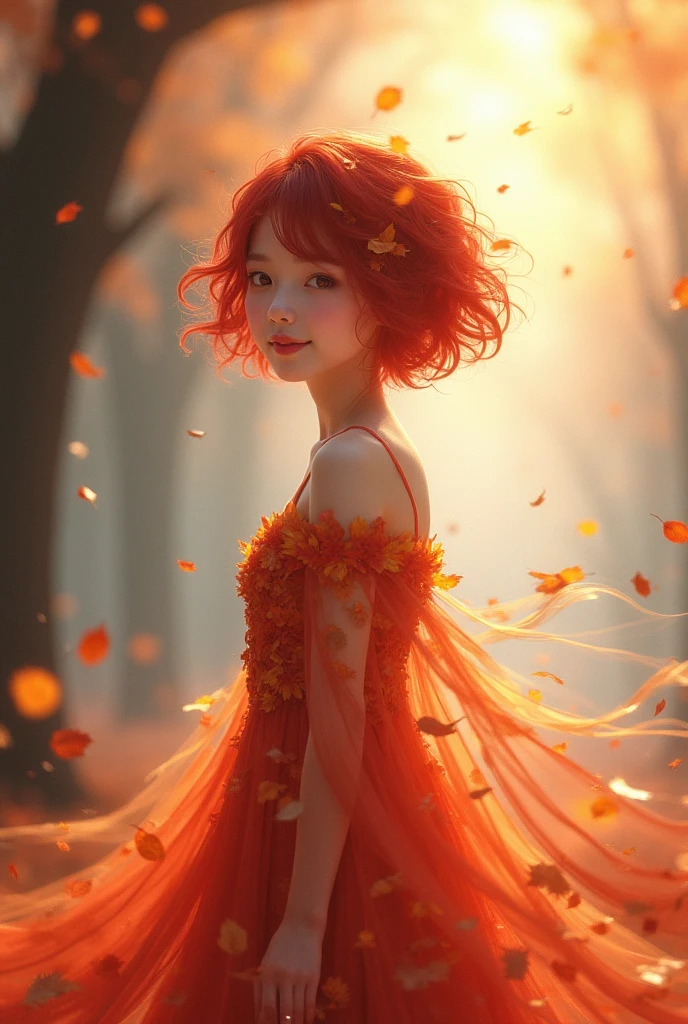 Dazzling carnation petals halation in white red light、I'm dancing while wobbling my hair、Please take a full-body picture of a beautiful Japanese girl wearing a large shirt instead of a dress。costume is based on halation white yellow and lemon yellow, and the base of the {x} costume is embellished with fluorescent light red embroidery that emits red light、The hairstyle is wet short hair and、The hair color is based on light red。Please take a full body picture of a beautiful Japanese girl who looks like she is dancing and、staring at the cameraman while I my shirt。creates a sophisticated vibe。It is based on halation white red and red, and、details are sprinkled with halation carnation petals。character, and the base of the、Please create a fantastic atmosphere overall。moreover、 expresses subtlety and strength 。The base of the costume is embroidered with fluorescent pink cherry blossoms that emit light in white、Please finish in a mysterious worldview。Focus on the balance of light、the details are scattered {x} the character has a three-dimensional effect Please be aware of making your presence stand out。